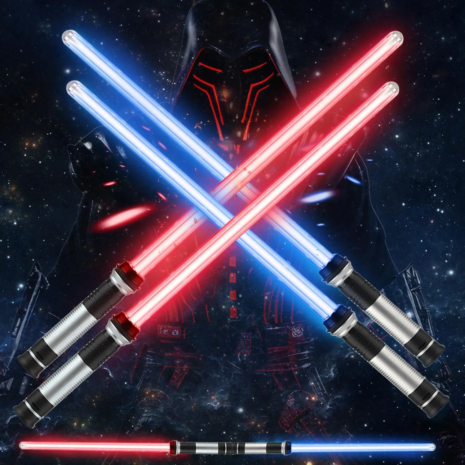 TOY Life Light Up Saber 4 Pack Telescopic Extendable and Collapsable Sword 2-in-1 LED Sound FX Light Up Sword for Kids Costumes Connects at Base to Become Double Bladed Saber Staff