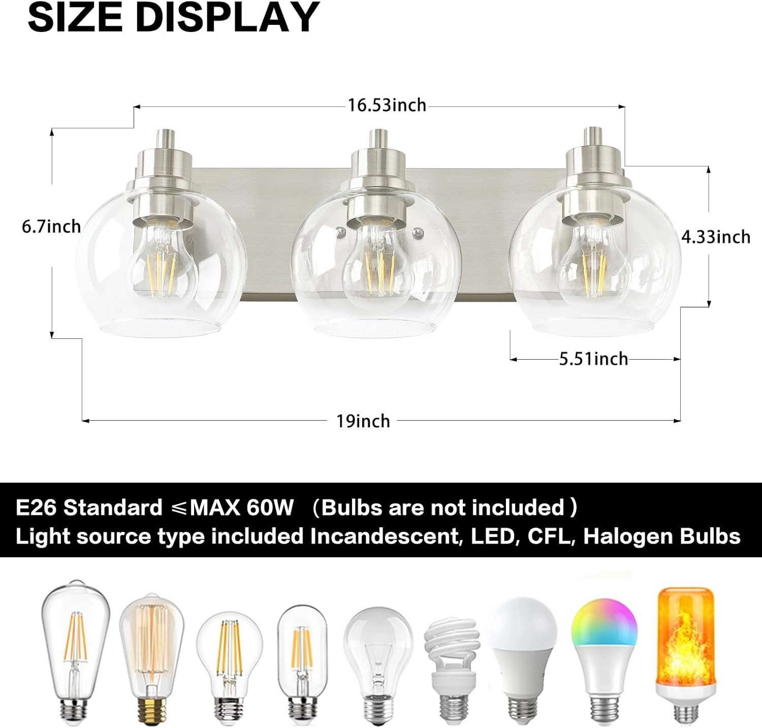 Tuscarora Bathroom Light Fixtures, Brushed Nickel Vanity Light 3 Light Bathroom Vanity Light with Clear Glass Shade,Lighting Fixtures for Mirror