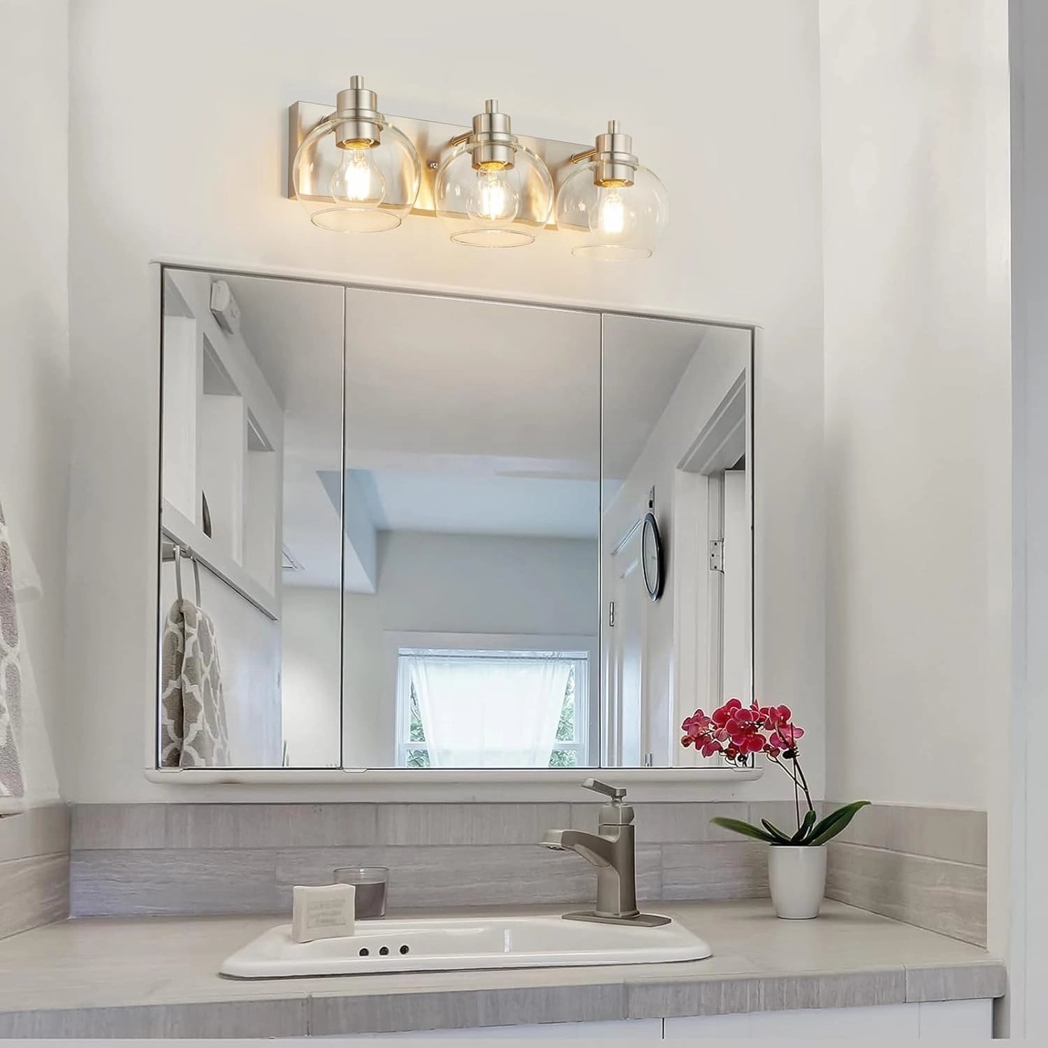 Tuscarora Bathroom Light Fixtures, Brushed Nickel Vanity Light 3 Light Bathroom Vanity Light with Clear Glass Shade,Lighting Fixtures for Mirror