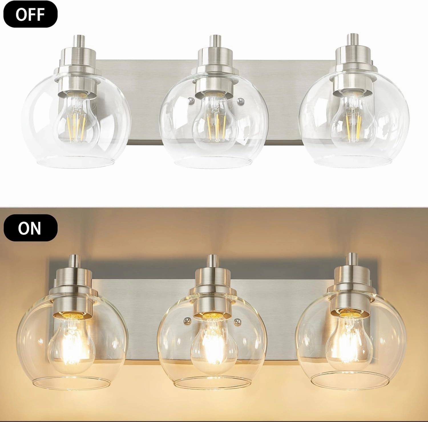 Tuscarora Bathroom Light Fixtures, Brushed Nickel Vanity Light 3 Light Bathroom Vanity Light with Clear Glass Shade,Lighting Fixtures for Mirror