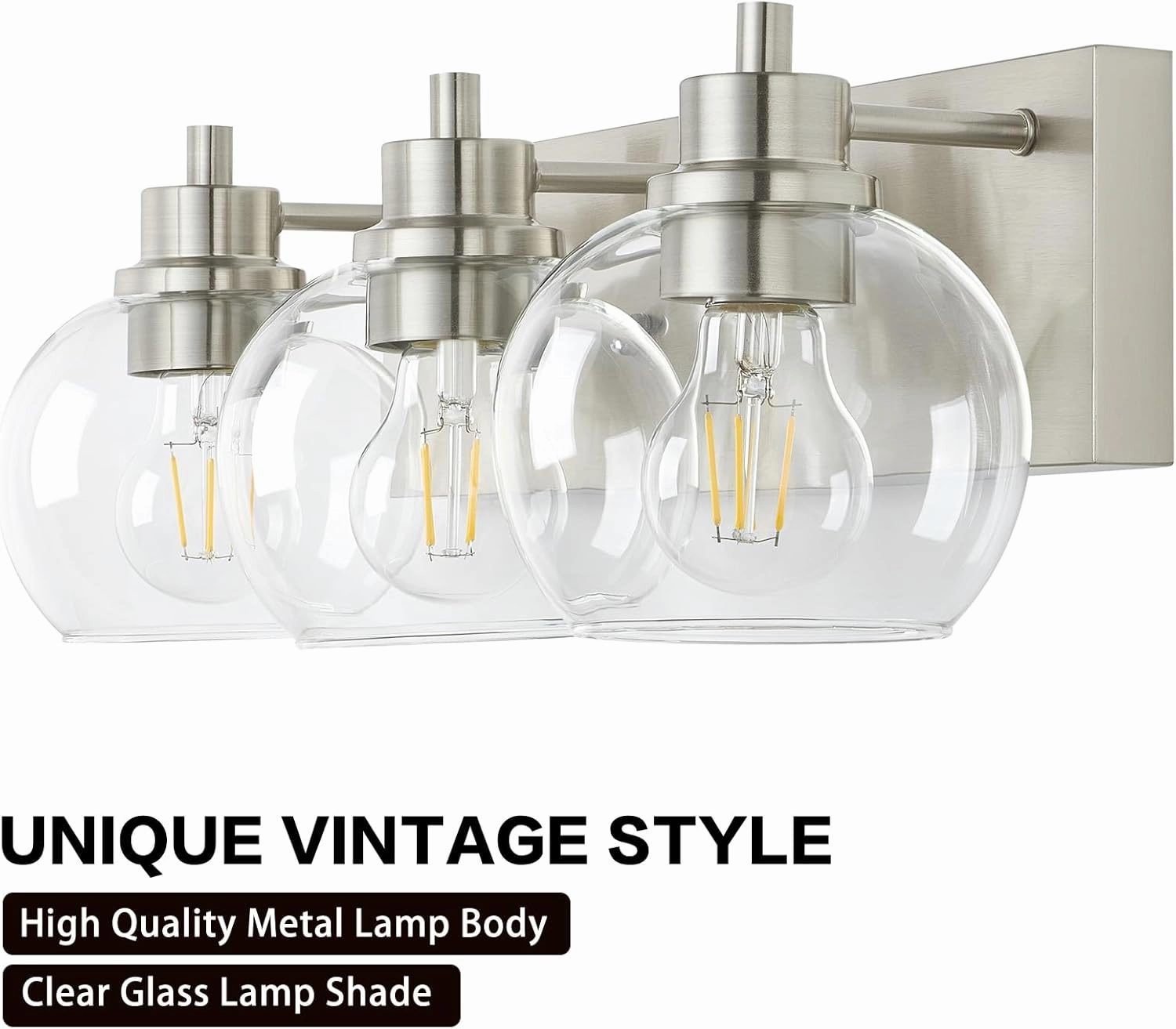Tuscarora Bathroom Light Fixtures, Brushed Nickel Vanity Light 3 Light Bathroom Vanity Light with Clear Glass Shade,Lighting Fixtures for Mirror
