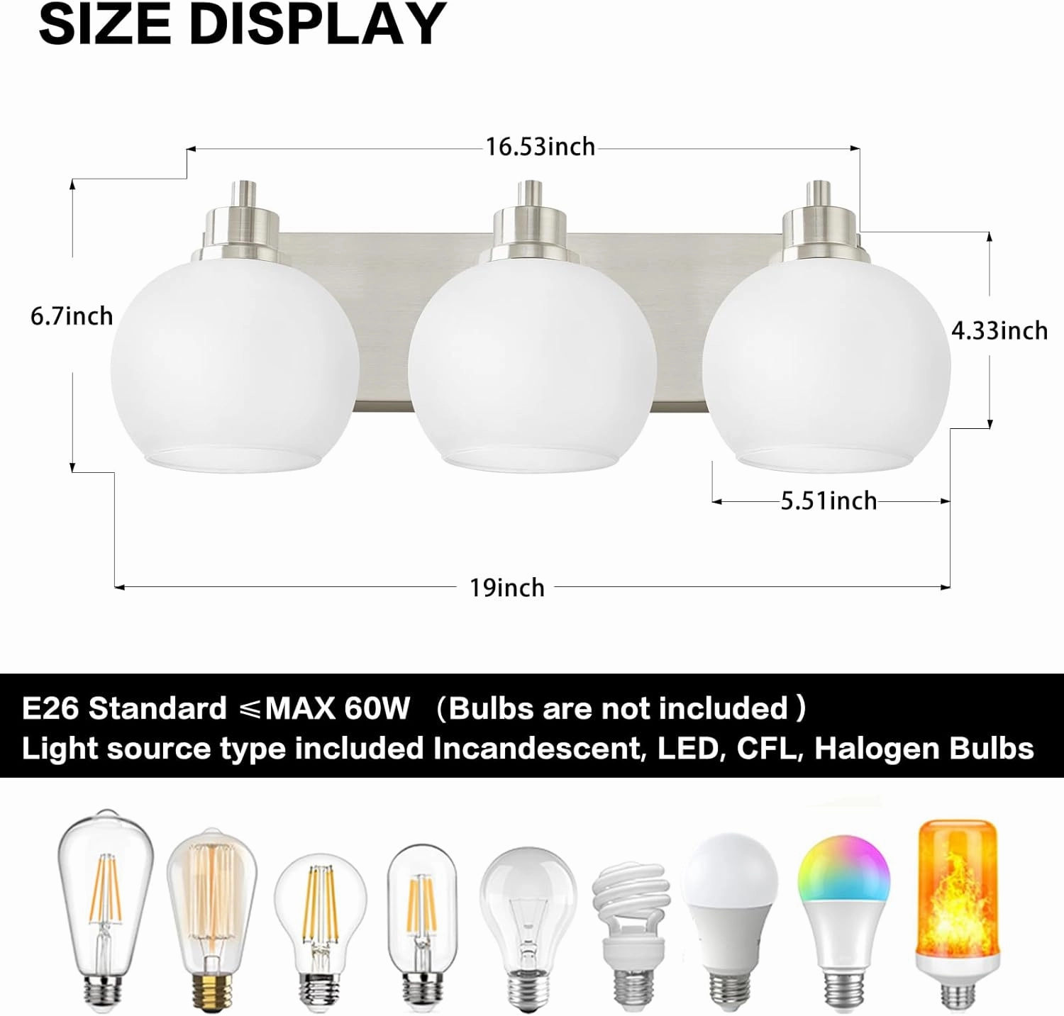 Tuscarora Bathroom Light Fixtures, Brushed Nickel Vanity Light 3 Light with Milk Glass Shade, Over Mirror Lighting for Bathroom