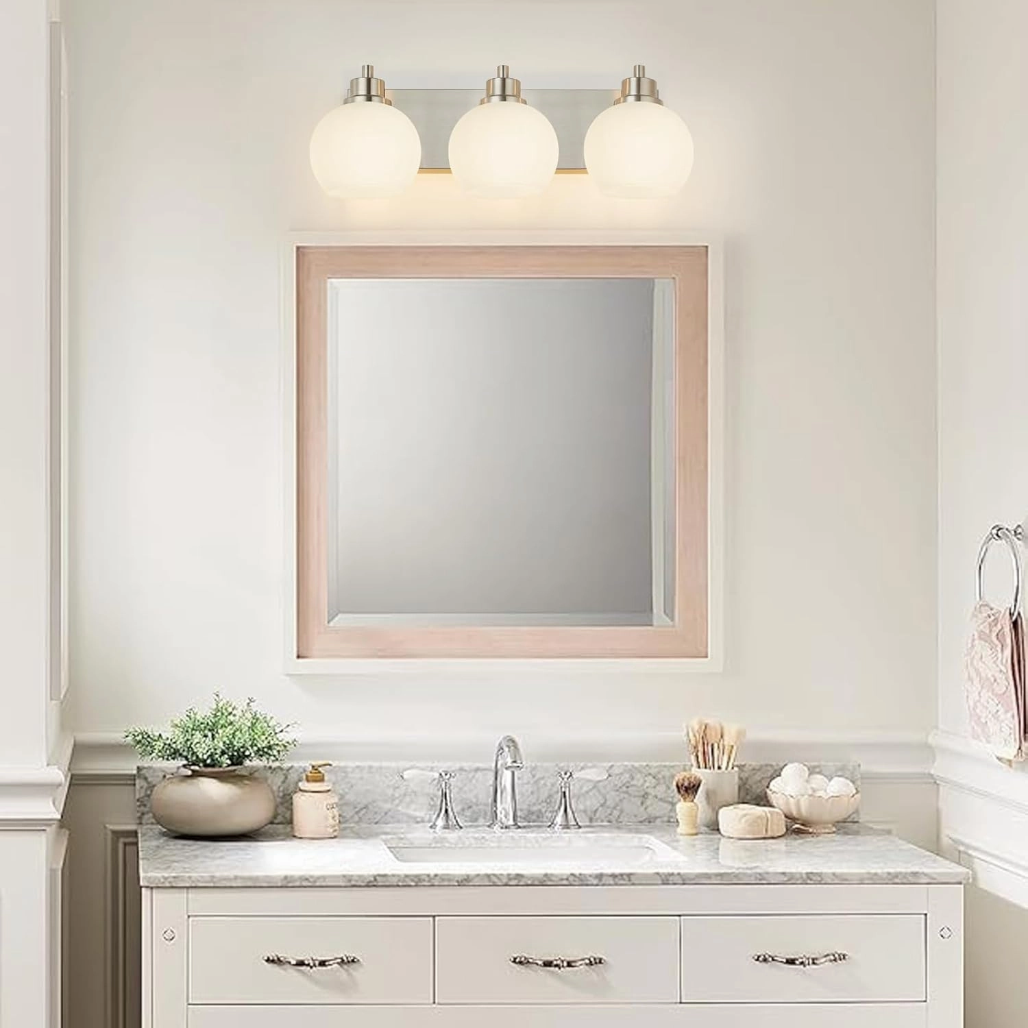 Tuscarora Bathroom Light Fixtures, Brushed Nickel Vanity Light 3 Light with Milk Glass Shade, Over Mirror Lighting for Bathroom
