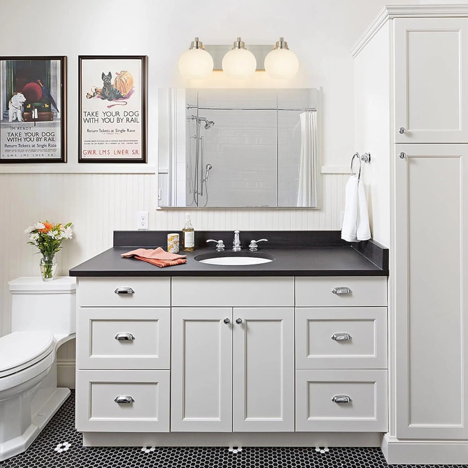 Tuscarora Bathroom Light Fixtures, Brushed Nickel Vanity Light 3 Light with Milk Glass Shade, Over Mirror Lighting for Bathroom