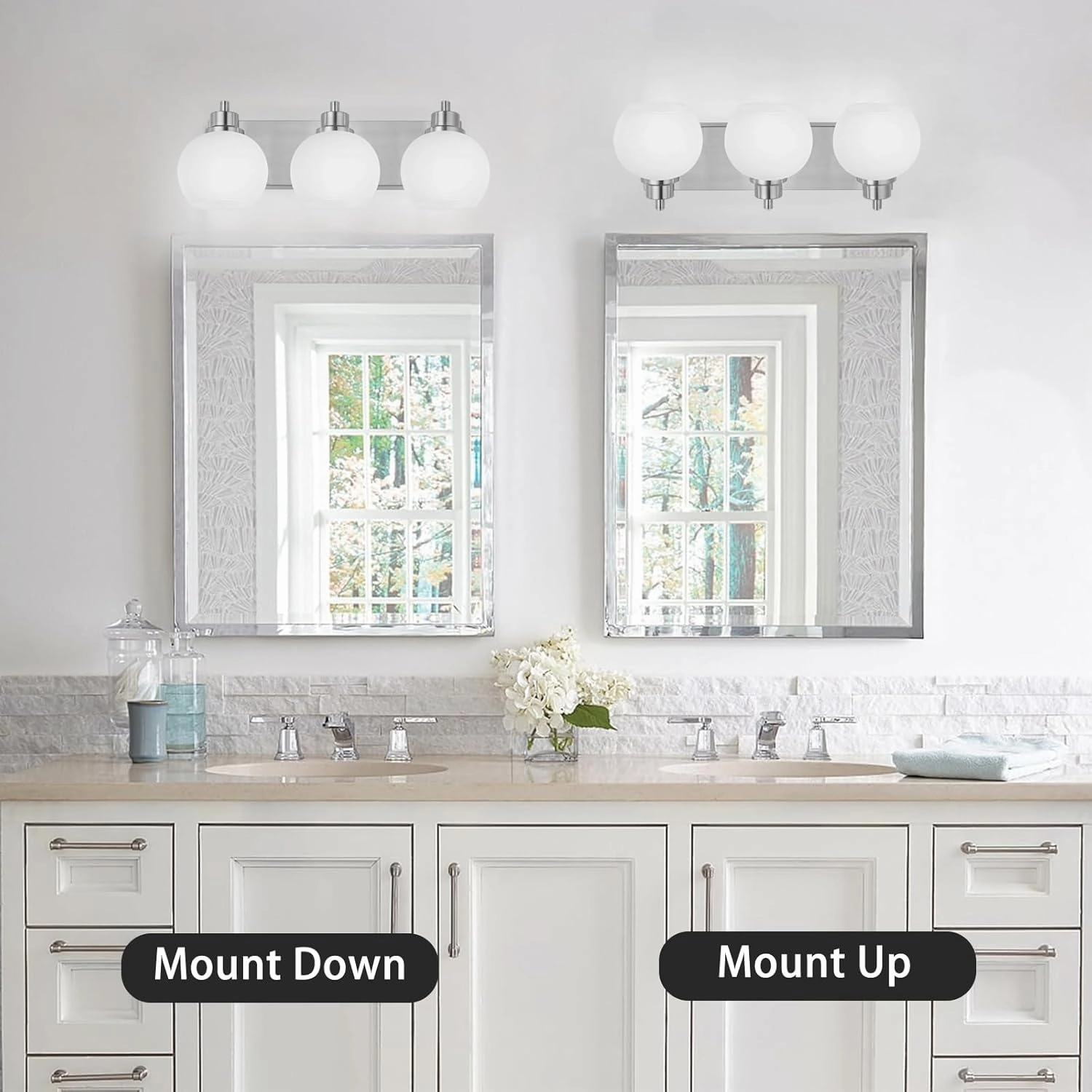 Tuscarora Bathroom Light Fixtures, Brushed Nickel Vanity Light 3 Light with Milk Glass Shade, Over Mirror Lighting for Bathroom