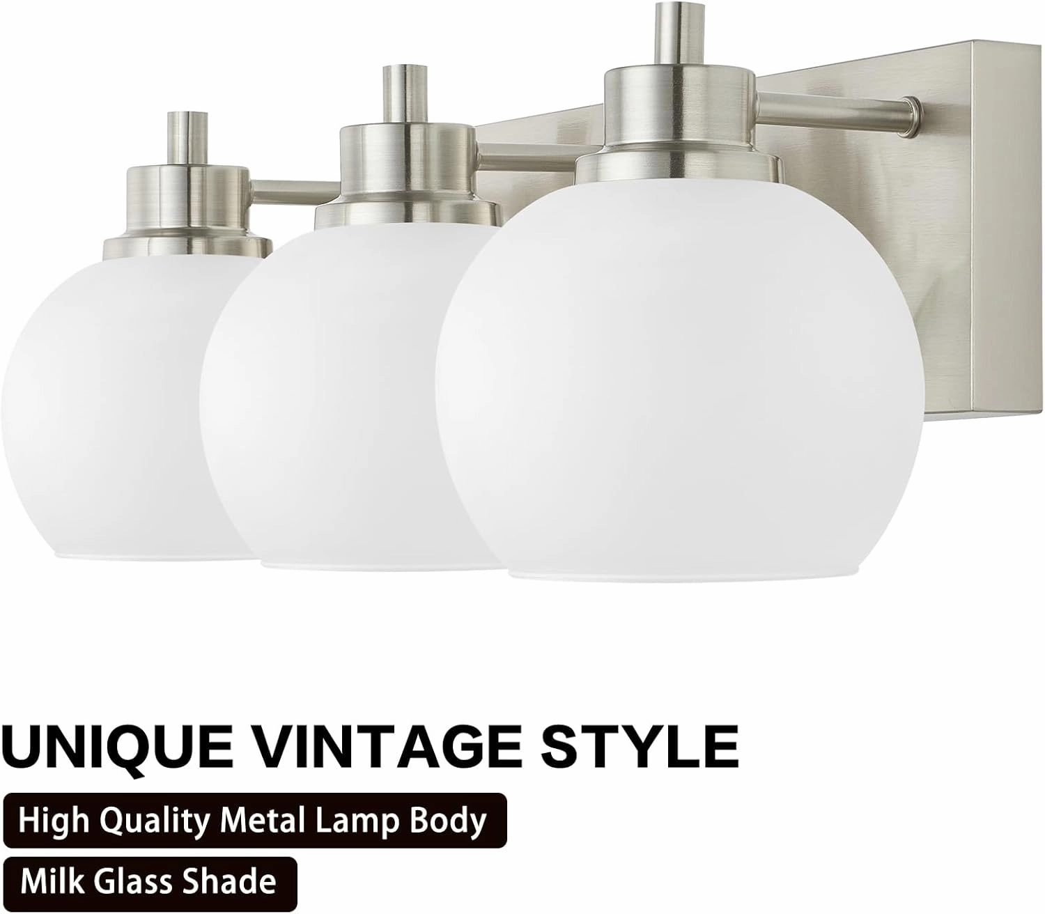 Tuscarora Bathroom Light Fixtures, Brushed Nickel Vanity Light 3 Light with Milk Glass Shade, Over Mirror Lighting for Bathroom