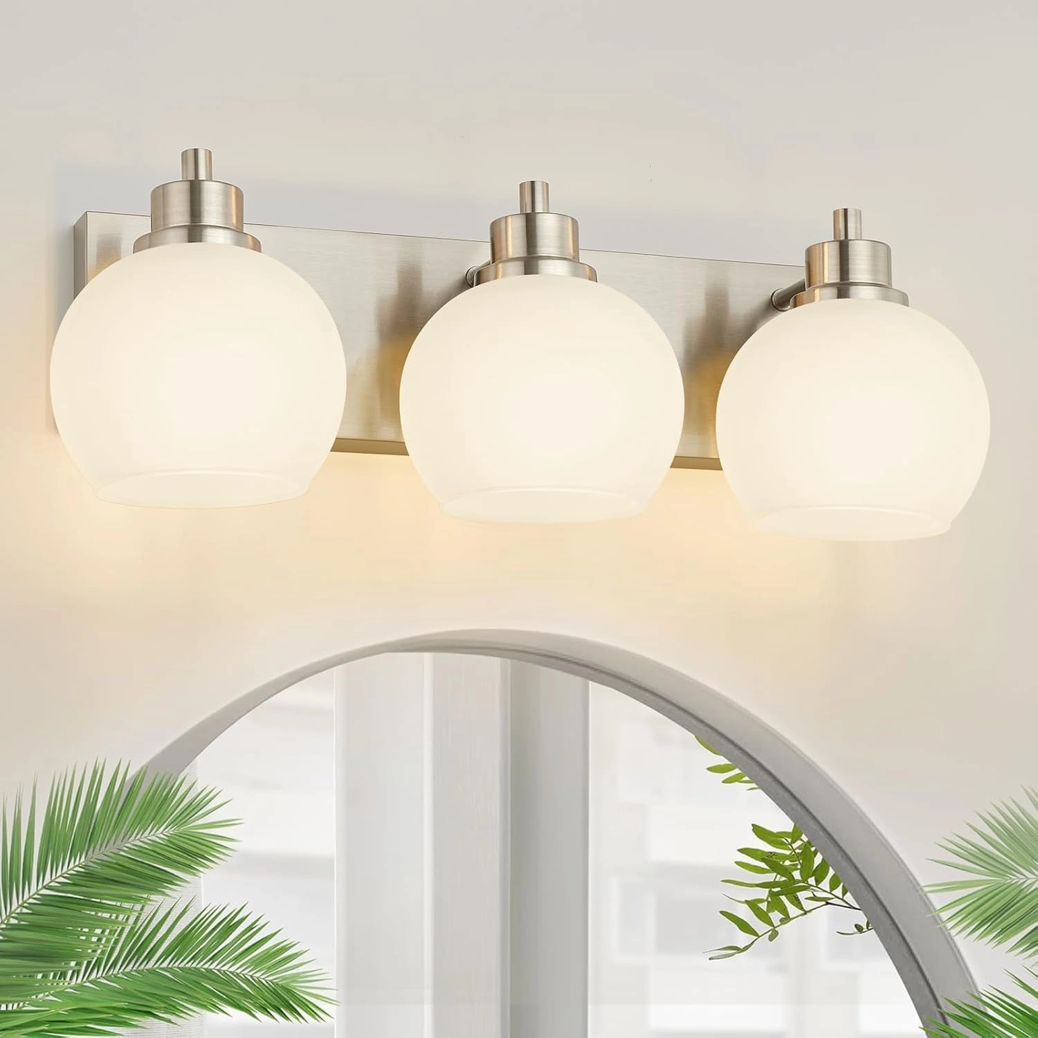 Tuscarora Bathroom Light Fixtures, Brushed Nickel Vanity Light 3 Light with Milk Glass Shade, Over Mirror Lighting for Bathroom