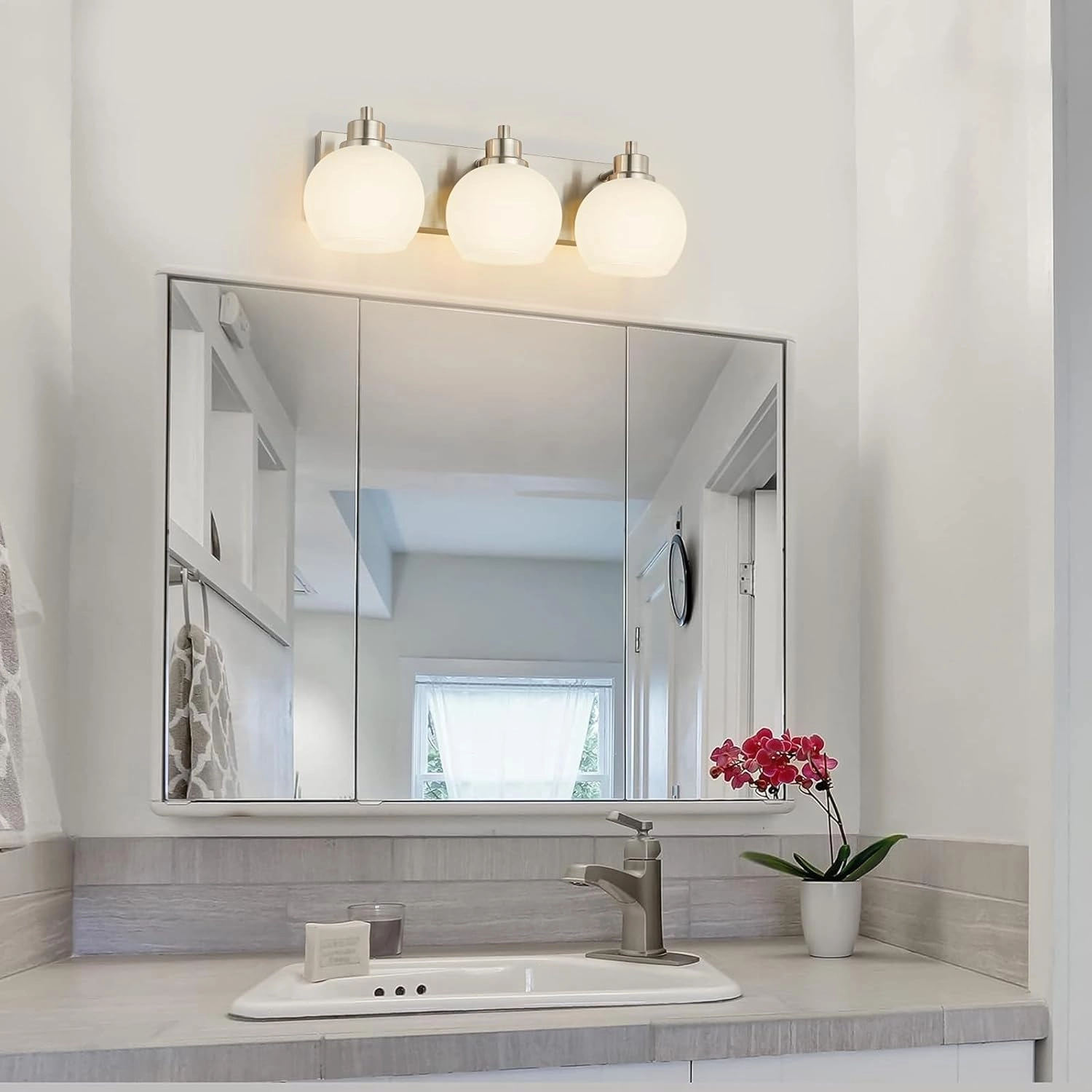 Tuscarora Bathroom Light Fixtures, Brushed Nickel Vanity Light 3 Light with Milk Glass Shade, Over Mirror Lighting for Bathroom