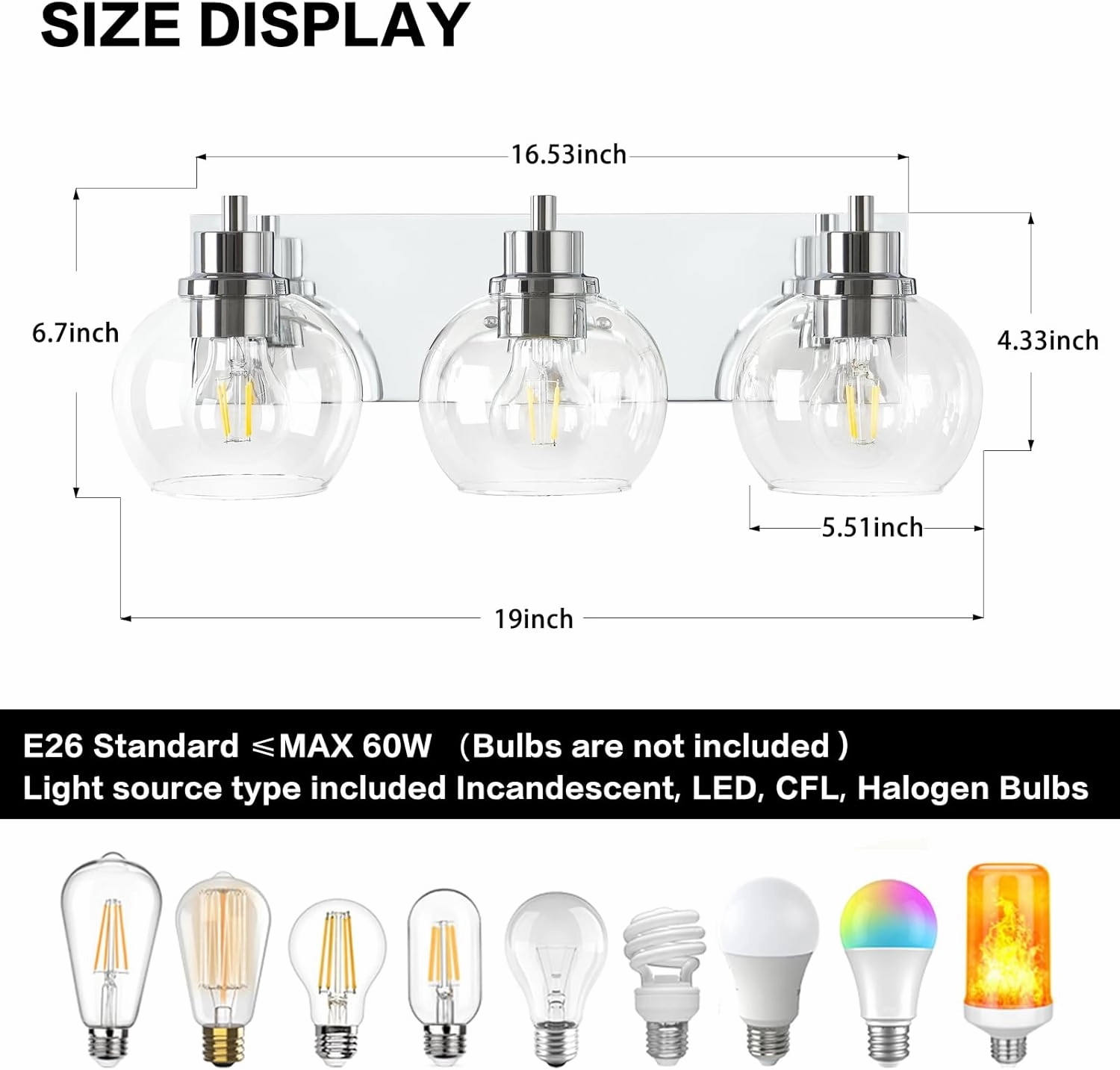 Tuscarora Chrome Vanity Light Fixture - 3 Light Bathroom Vanity with Clear Glass Shade - Light Over Mirror for Bathroom Lighting