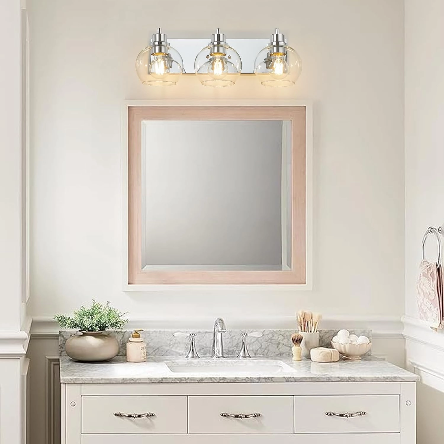Tuscarora Chrome Vanity Light Fixture - 3 Light Bathroom Vanity with Clear Glass Shade - Light Over Mirror for Bathroom Lighting