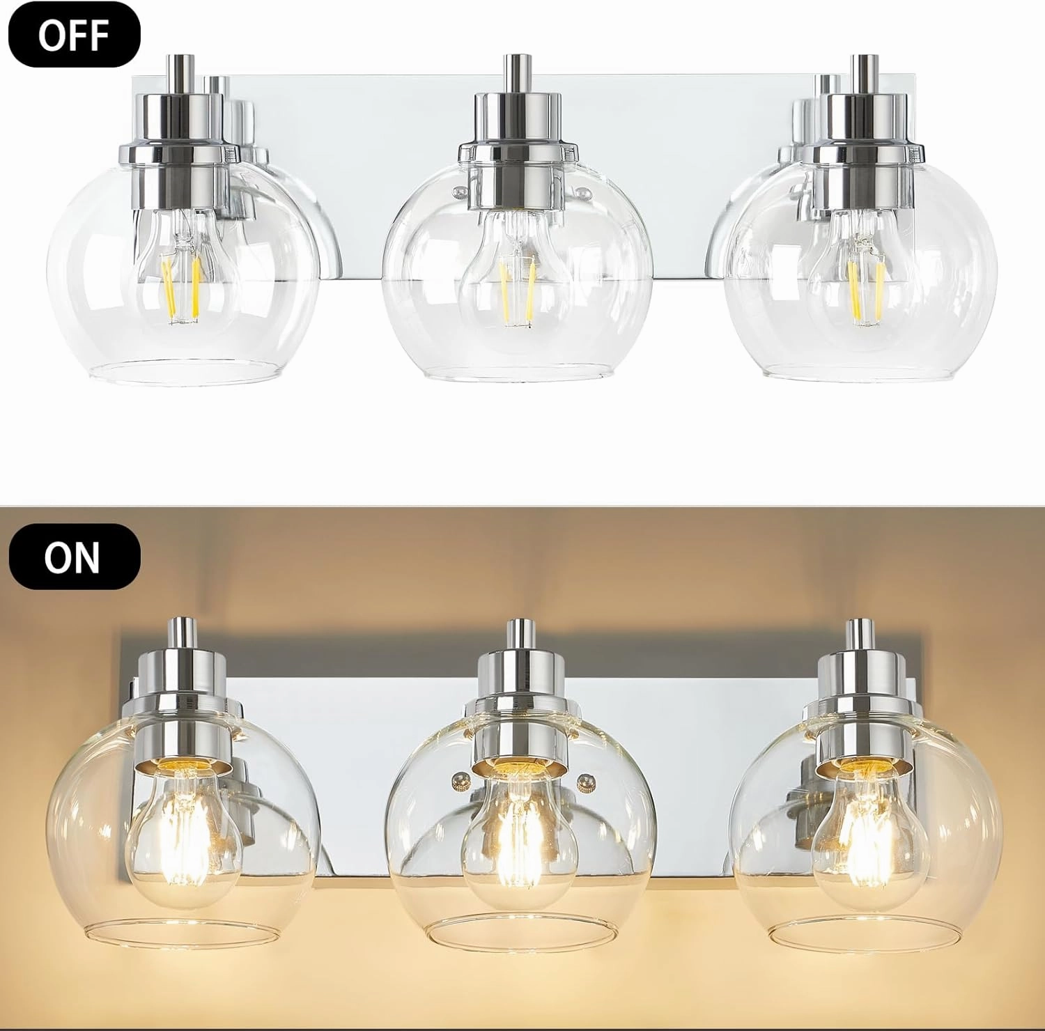 Tuscarora Chrome Vanity Light Fixture - 3 Light Bathroom Vanity with Clear Glass Shade - Light Over Mirror for Bathroom Lighting