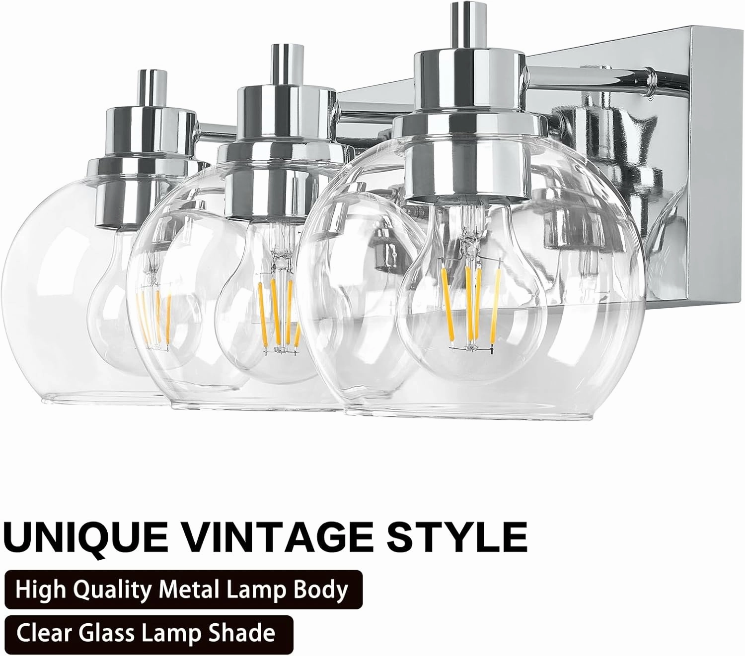 Tuscarora Chrome Vanity Light Fixture - 3 Light Bathroom Vanity with Clear Glass Shade - Light Over Mirror for Bathroom Lighting
