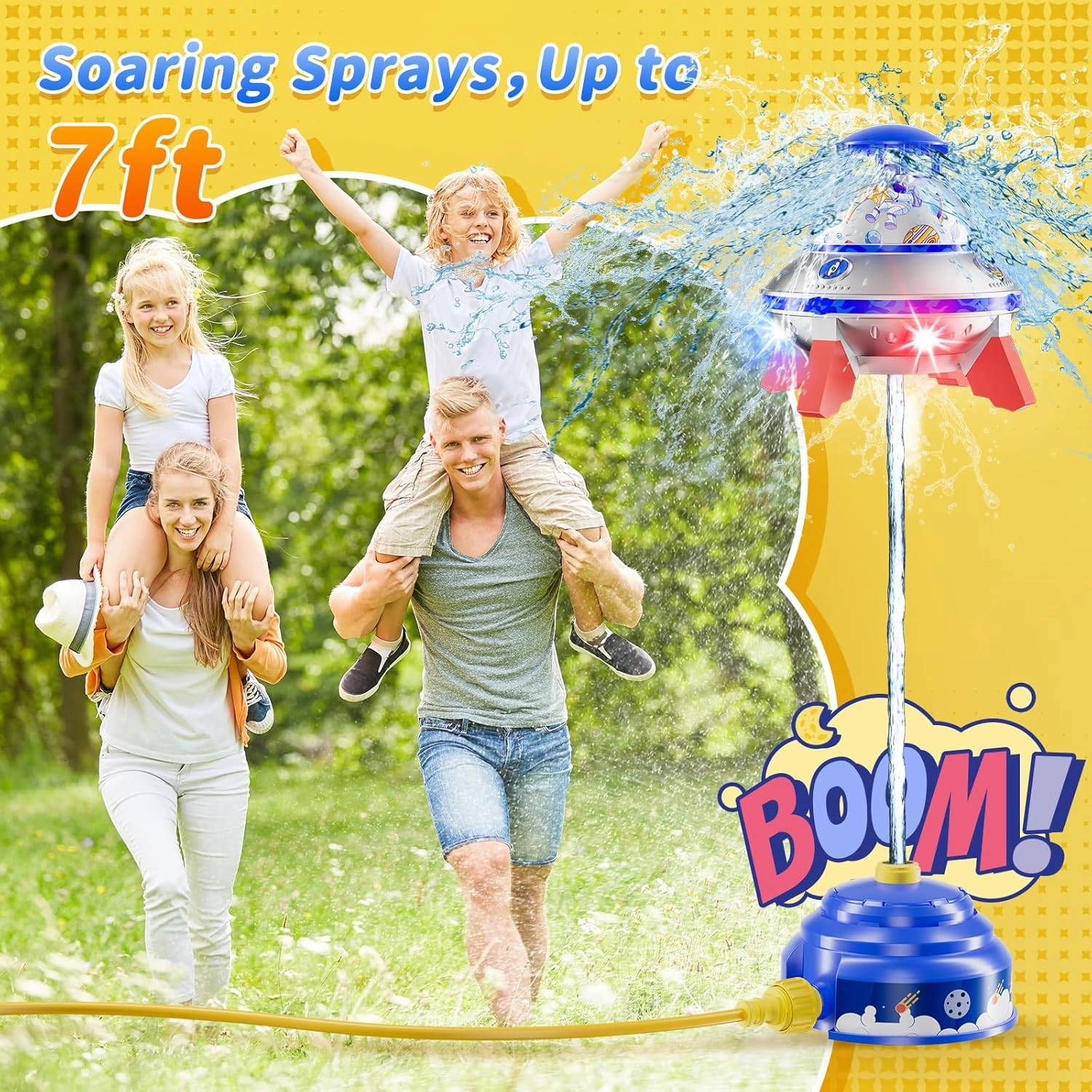 UFO Water Sprinkler for Kids, Water Rocket Toy Outdoor Summer Play W/Light & Spin, Adjustable Height Water Launcher, DIY Space Sticker, Backyard Lawn Gift for Girls Boys 3-12 Year Old Blue