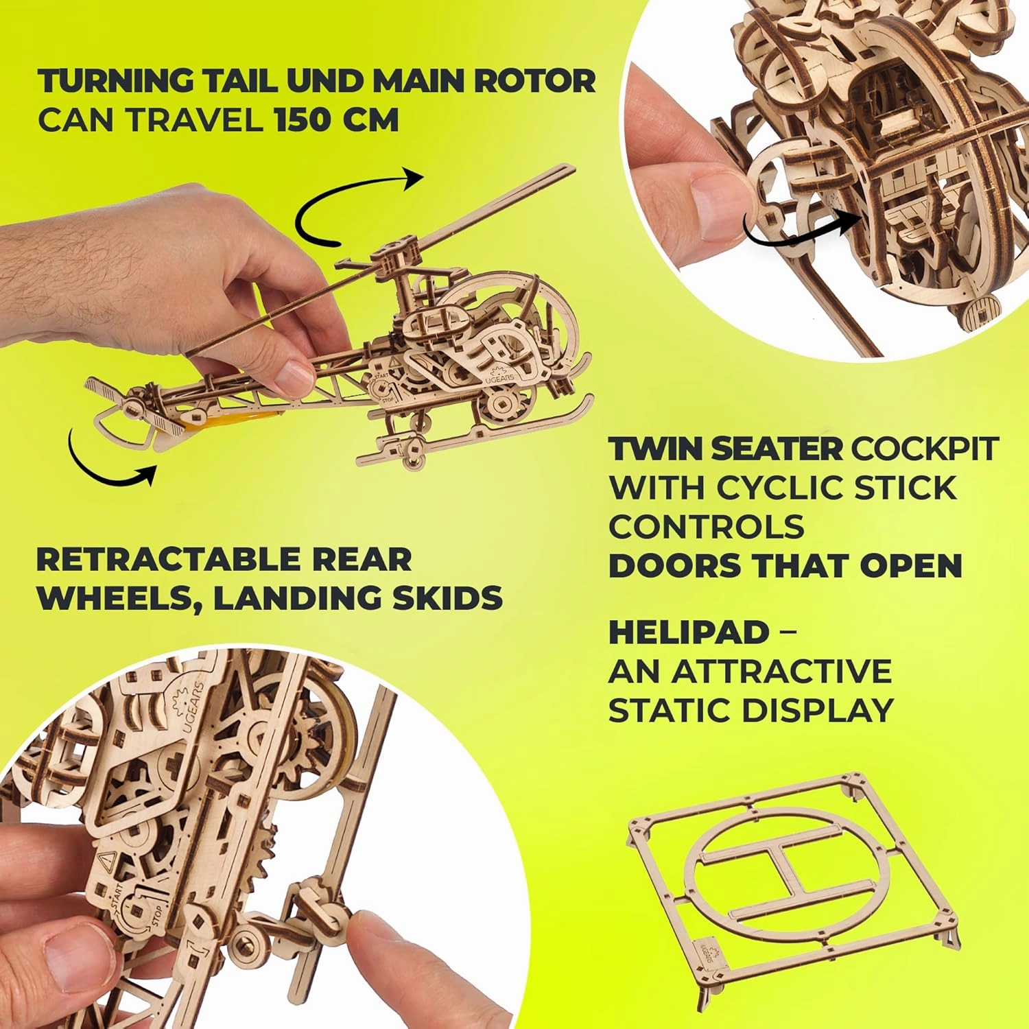 UGEARS Mini Helicopter - 3D Wooden Puzzle, 167 Pieces, Realistic Mechanical Model for Adults and Teens