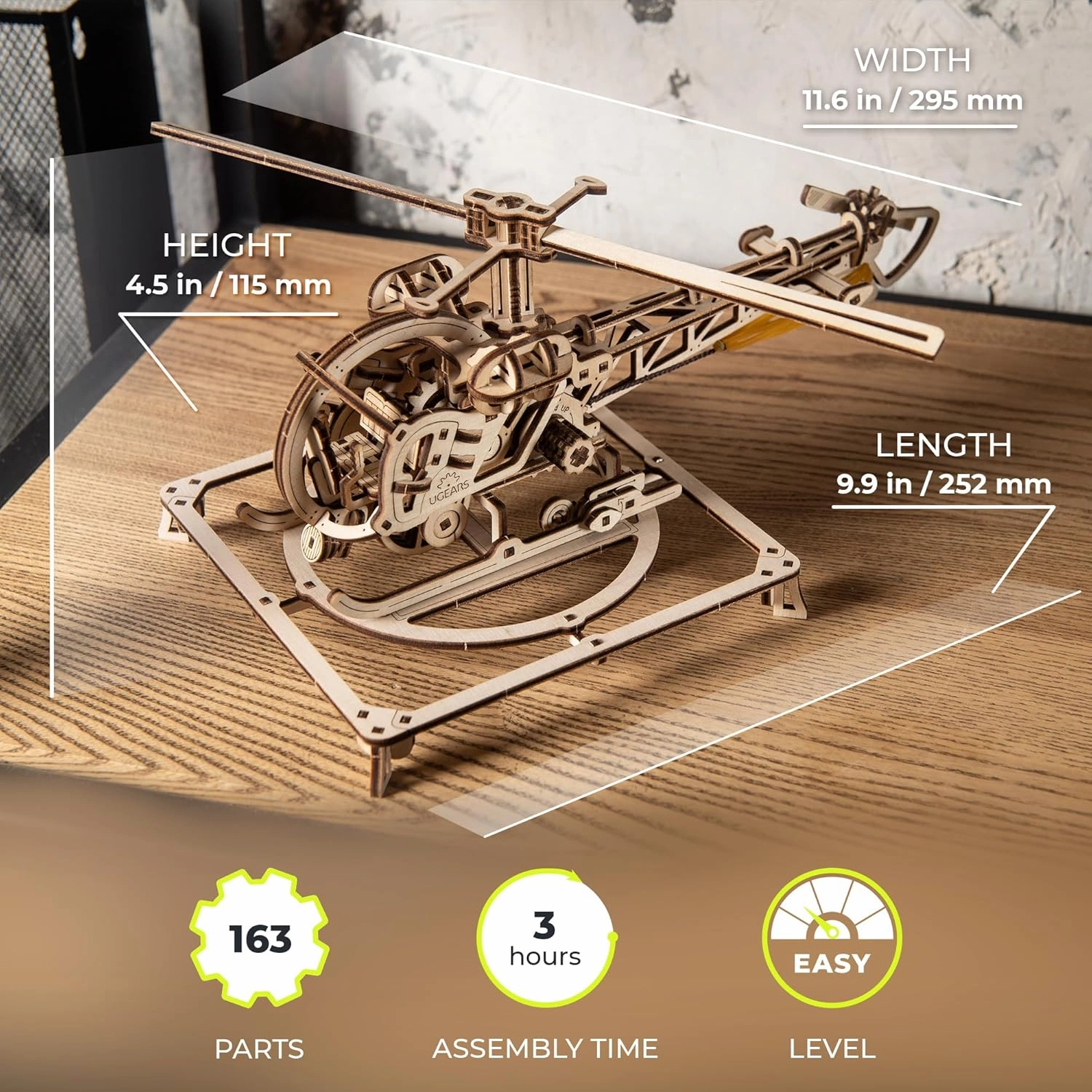 UGEARS Mini Helicopter - 3D Wooden Puzzle, 167 Pieces, Realistic Mechanical Model for Adults and Teens