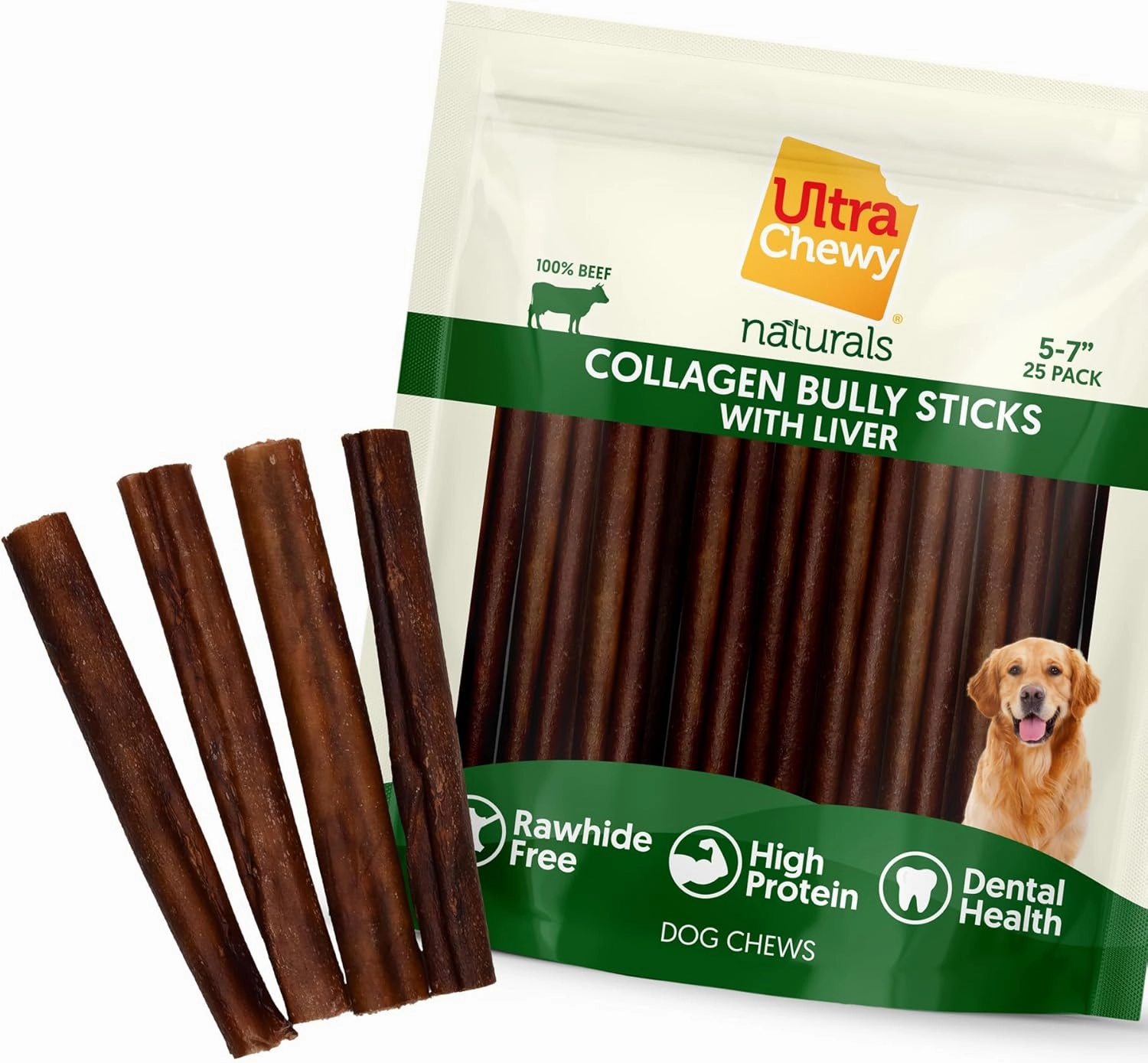 Ultra Chewy Collagen Sticks 5-7 inches (25 Pack) – Long Lasting Odor-Free, All-Natural Dog Chews – Rawhide & Bully Stick Alternative