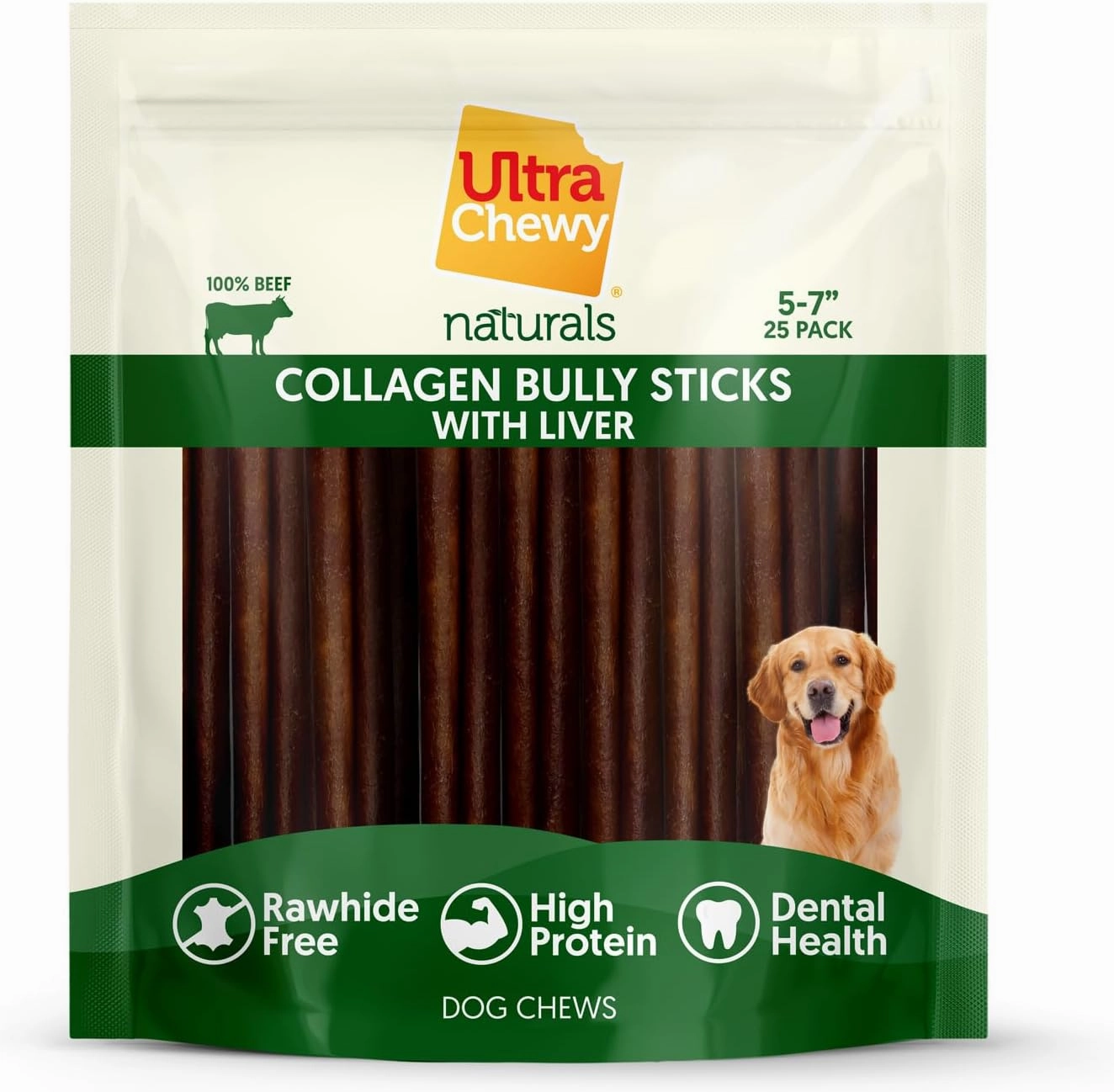 Ultra Chewy Collagen Sticks 5-7 inches (25 Pack) – Long Lasting Odor-Free, All-Natural Dog Chews – Rawhide & Bully Stick Alternative