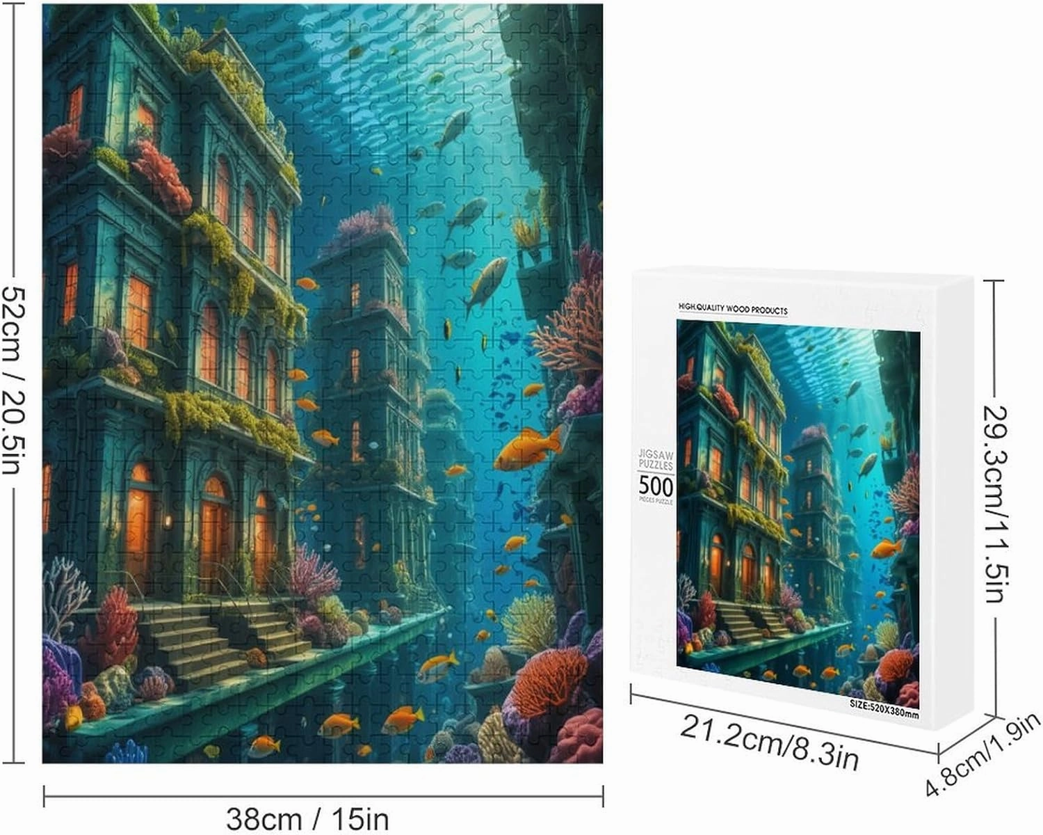 Underwater Cityscape,Coral,Sea Life,Fish 500 PCS Wooden Jigsaw Puzzle for Adults,Family or Elderly,Art Home Decor DIY Funny Parent-Child Educational Game Toy Puzzle Gift for Mom,Wife,Friend