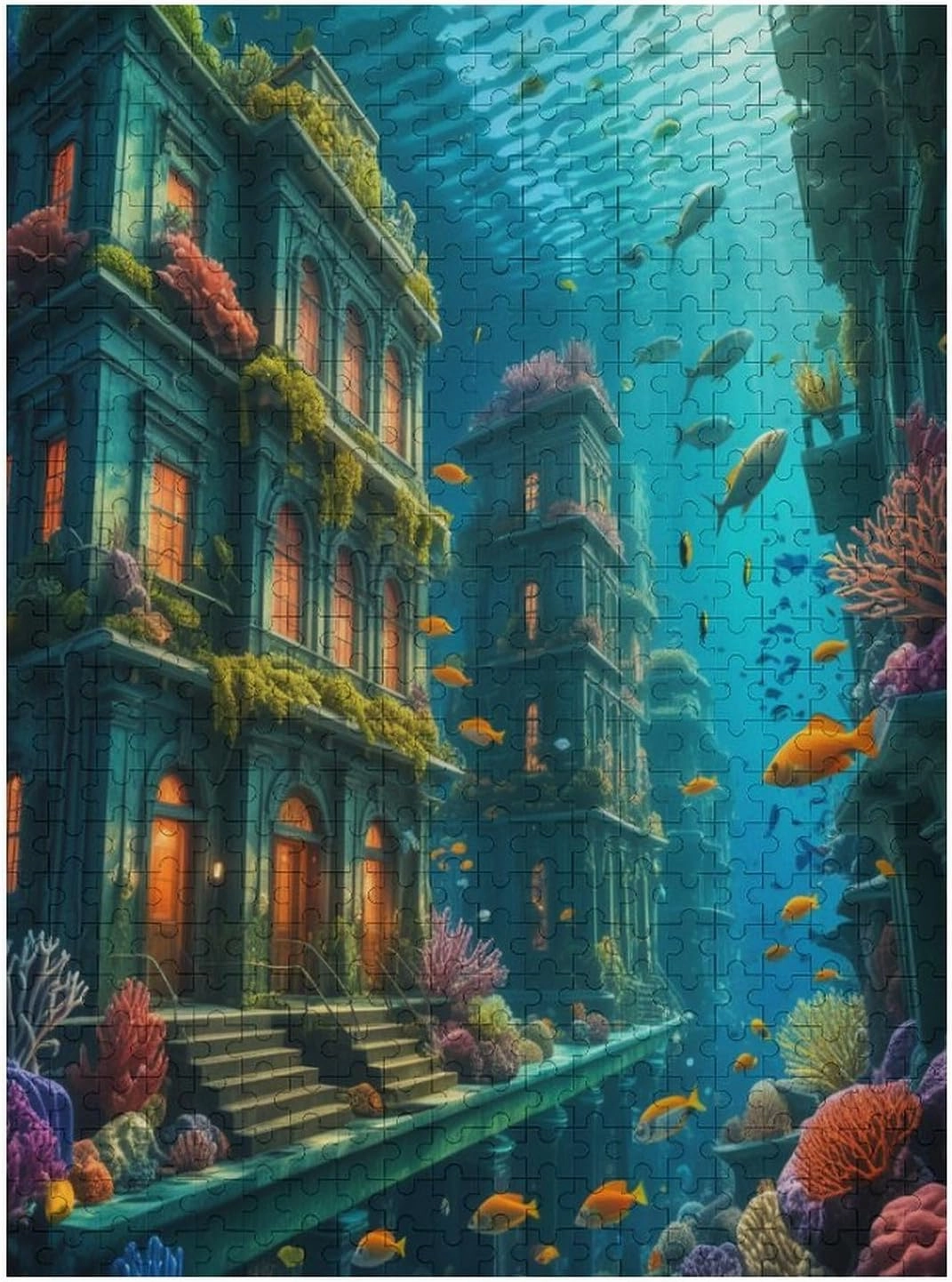 Underwater Cityscape,Coral,Sea Life,Fish 500 PCS Wooden Jigsaw Puzzle for Adults,Family or Elderly,Art Home Decor DIY Funny Parent-Child Educational Game Toy Puzzle Gift for Mom,Wife,Friend