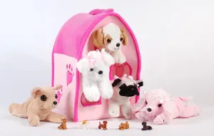 Unipak SFS Gift Bundle - 12" Plush Pink Dog House Carrying Case with Five (5) Stuffed Animal Dogs (Pink Poodle, Pug, Chihuahua, Beagle, and White Terrier)   Five Mini Puppy Figures