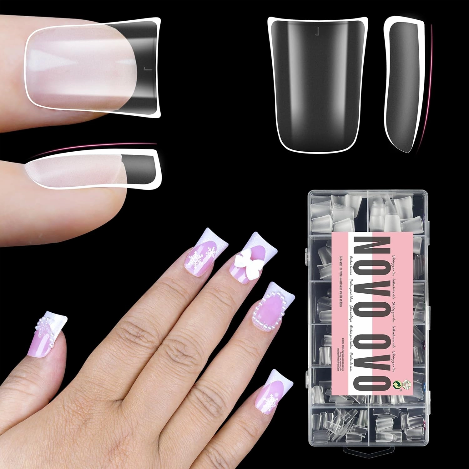 Upgraded Extra Thick Short Duck Feet Nail Tips Full Cover for Press on Acrylic, Clear Pre-Etched Matter Flare Wide French Soft Gel Fake False Nail Extension Full Coverage x 12 Sizes 360 pcs