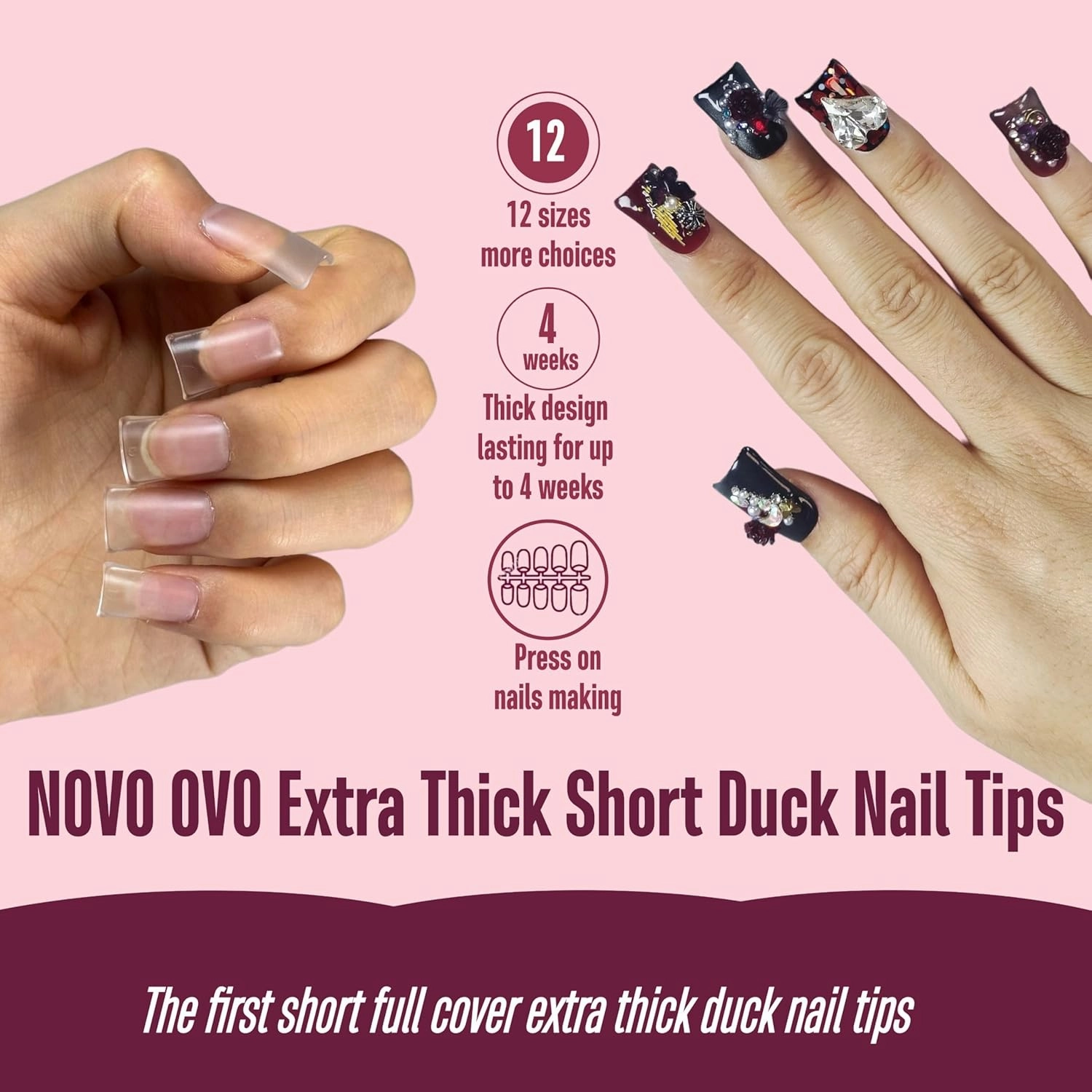 Upgraded Extra Thick Short Duck Feet Nail Tips Full Cover for Press on Acrylic, Clear Pre-Etched Matter Flare Wide French Soft Gel Fake False Nail Extension Full Coverage x 12 Sizes 360 pcs