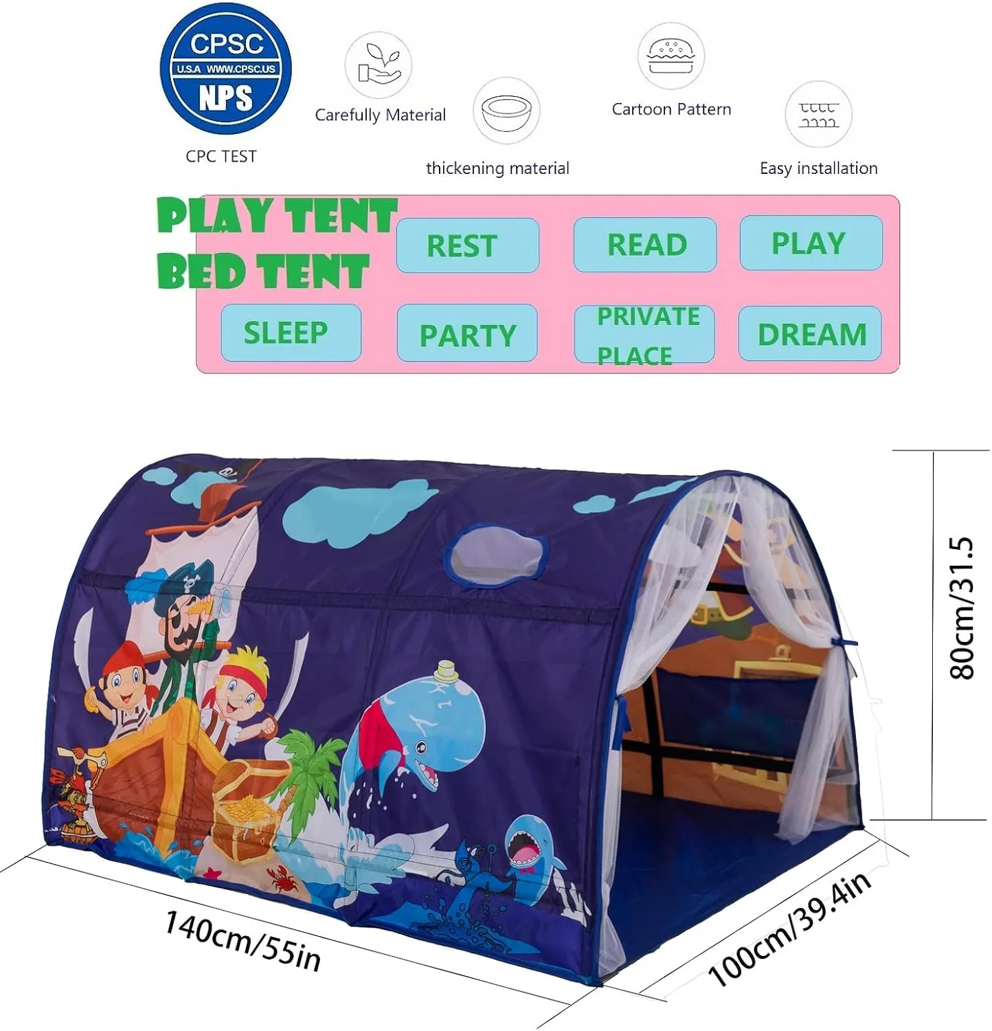 Upgrate Bed Tent Boys Girls Dream Canopy Tents with Net Curtain for Kids Privacy Space Portable Play Tent for Kids 55"×39"×31"(PirateB)