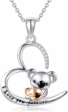 URONE 925 Sterling Silver Elephant/Dinosaur/Monkey/Otter/Koala/Panda/Mama Bear/Rabbit/Sloth/Highland Cow Necklace Animal Pendant Jewelry Gift For Women