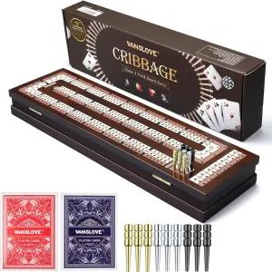 VAMSLOVE Wooden Cribbage Board Game Magnetic 3-Track Scoreboard with Large Slots for Storing 2 Playing Cards and 9 Metal Pegs, Travel Family Game Night (Instruction Included