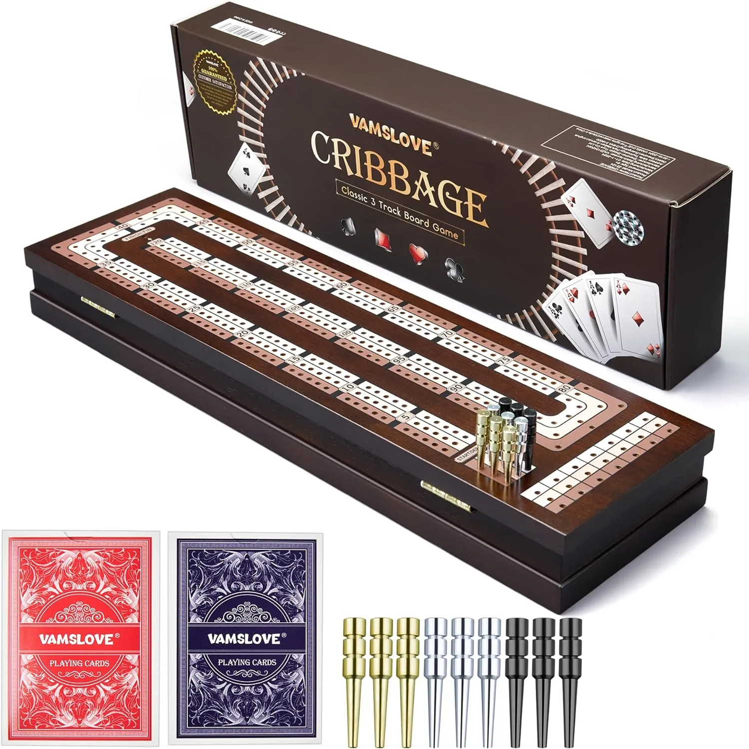 VAMSLOVE Wooden Cribbage Board Game Magnetic 3-Track Scoreboard with Large Slots for Storing 2 Playing Cards and 9 Metal Pegs, Travel Family Game Night (Instruction Included