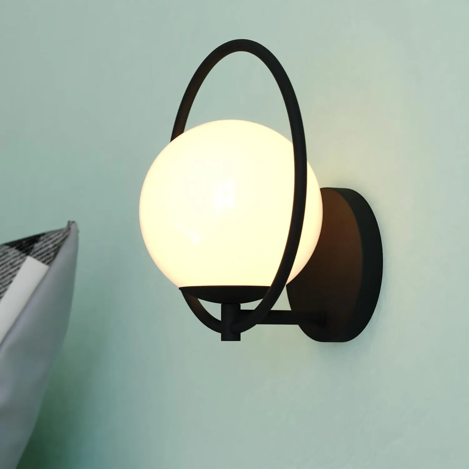 VAXCEL Bucktown 1 Light Matte Black Mid-Century Modern Wall Sconce White Globe Glass