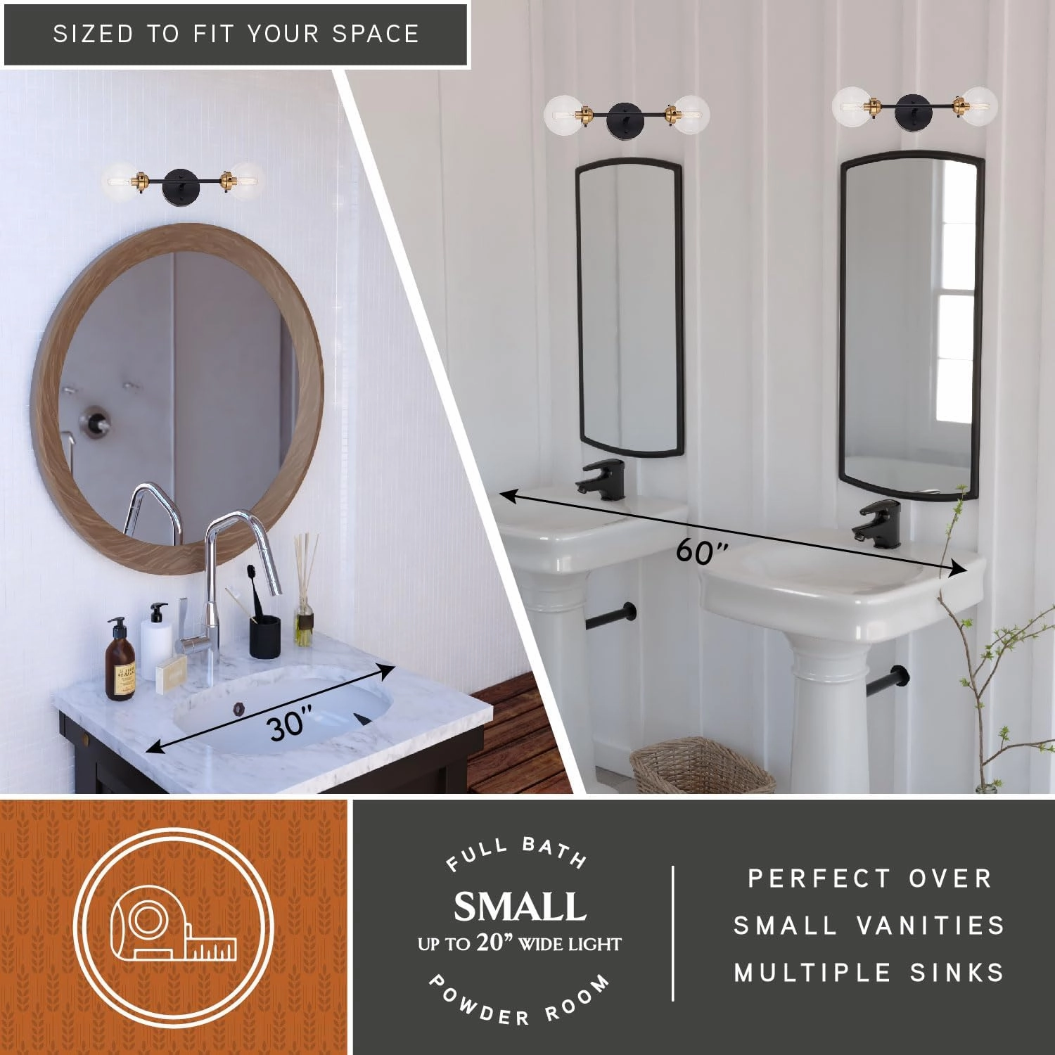 VAXCEL Orbit 2 Light Brass and Oil Rubbed Bronze Industrial MCM Wall Sconce Clear Glass Globe