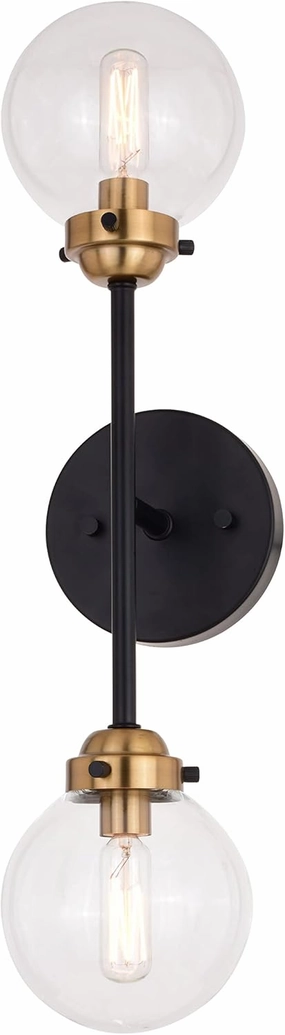 VAXCEL Orbit 2 Light Brass and Oil Rubbed Bronze Industrial MCM Wall Sconce Clear Glass Globe