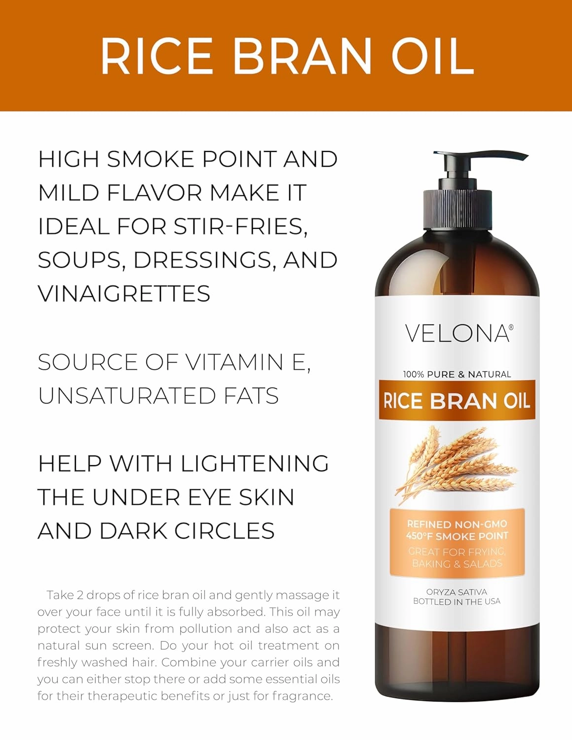velona Rice Bran Oil 16 Fl Oz | 100% Pure and Natural Carrier Oil | Refined, Cold Pressed | Cooking, Face, Hair, Body & Skin Care | Use Today - Enjoy Results