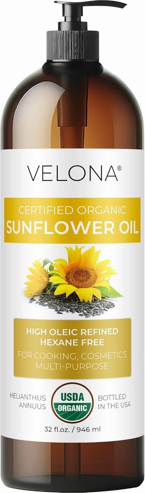 velona USDA Certified Organic Sunflower Oil - 32 Fl Oz | 100% Pure and Natural Carrier Oil | High Oleic, Refined| Cooking, Skin, Hair, Body & Face Moisturizing