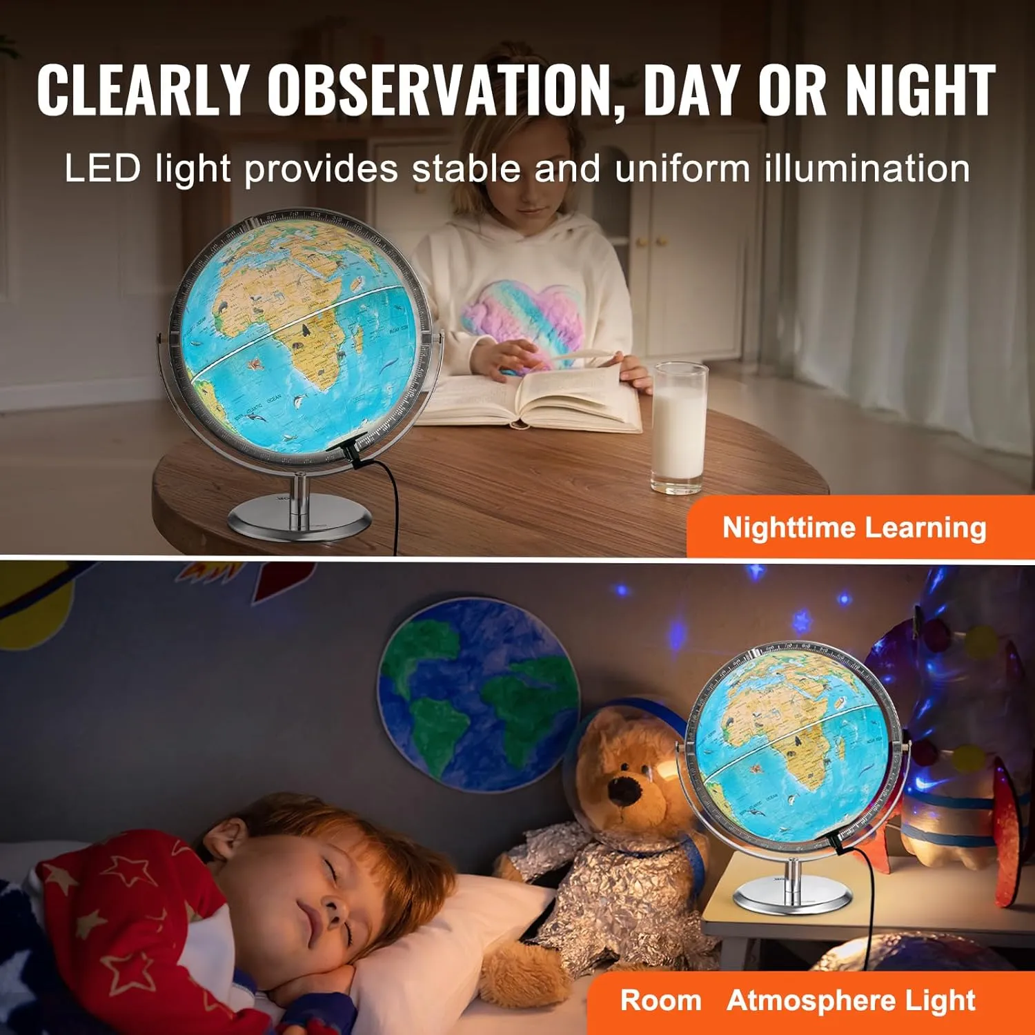 VEVOR World Globe for Kids, Illuminated Interactive AR Educational Globes with LED Night Light, 720° Rotation, STEM Toy Gifts for Boys Girls Age 4-10, Ideal Christmas Gift for Kids