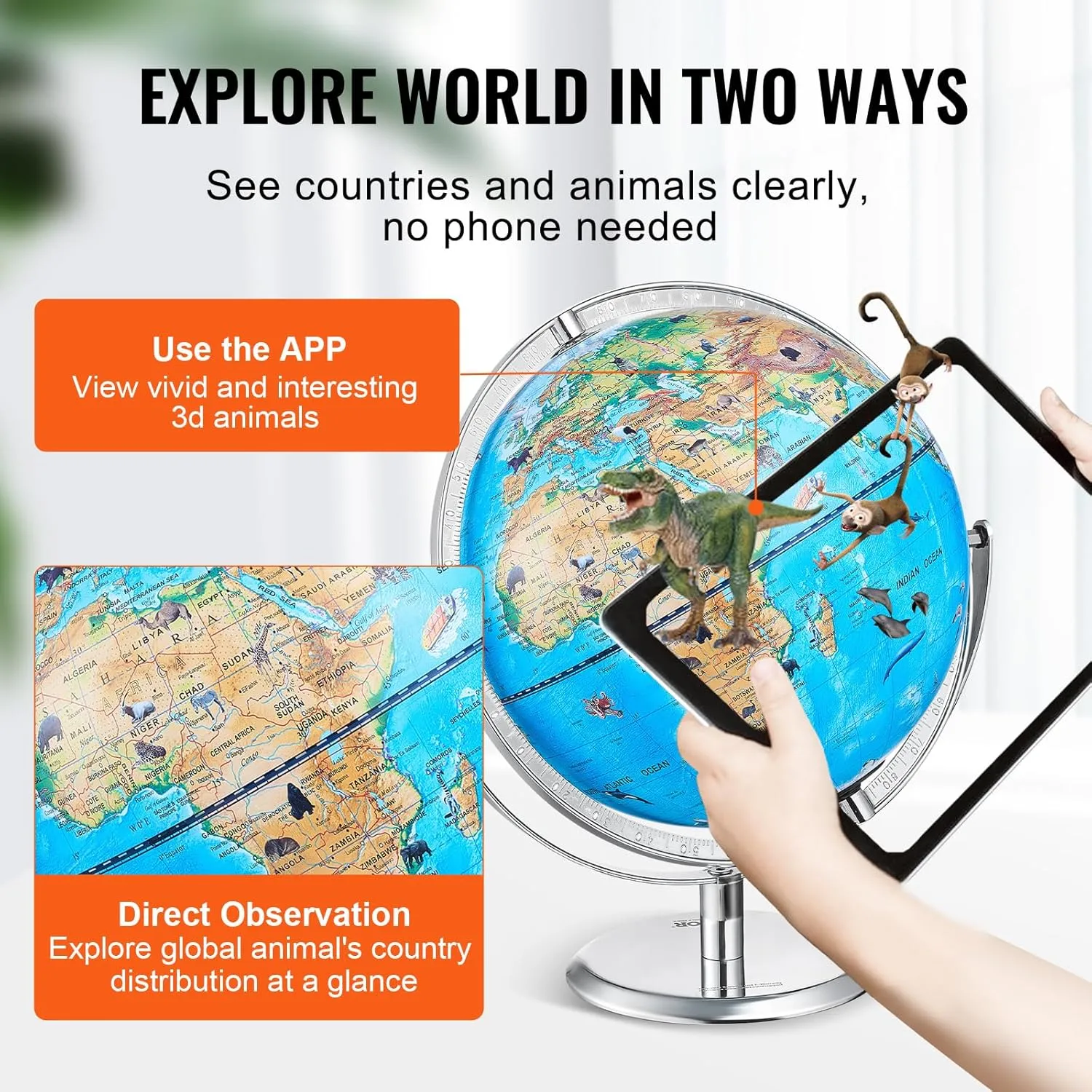 VEVOR World Globe for Kids, Illuminated Interactive AR Educational Globes with LED Night Light, 720° Rotation, STEM Toy Gifts for Boys Girls Age 4-10, Ideal Christmas Gift for Kids