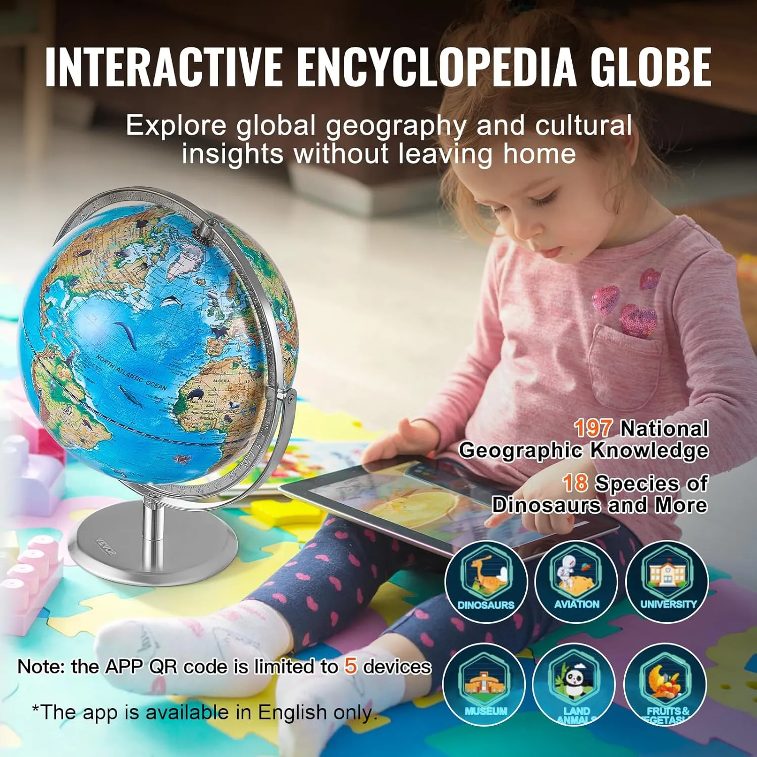 VEVOR World Globe for Kids, Illuminated Interactive AR Educational Globes with LED Night Light, 720° Rotation, STEM Toy Gifts for Boys Girls Age 4-10, Ideal Christmas Gift for Kids