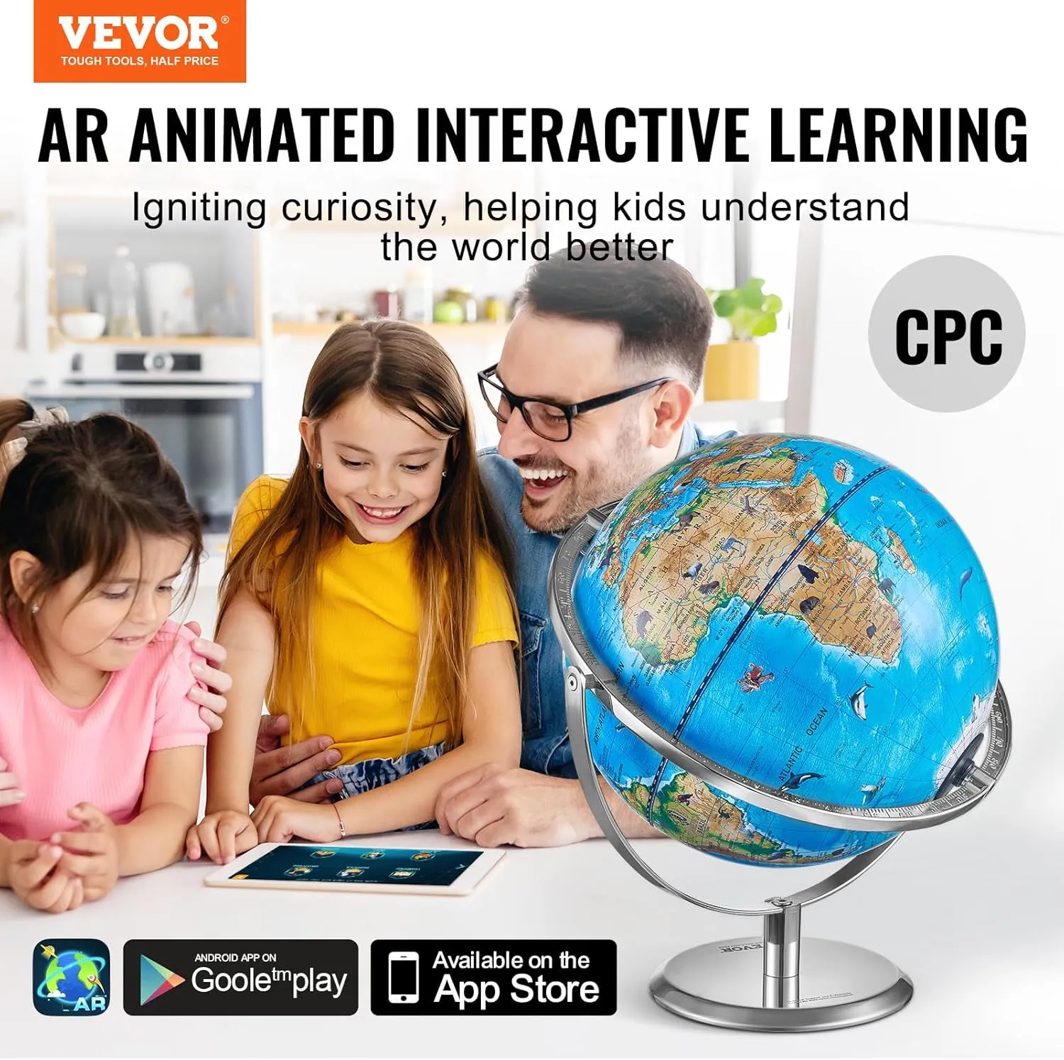 VEVOR World Globe for Kids, Illuminated Interactive AR Educational Globes with LED Night Light, 720° Rotation, STEM Toy Gifts for Boys Girls Age 4-10, Ideal Christmas Gift for Kids