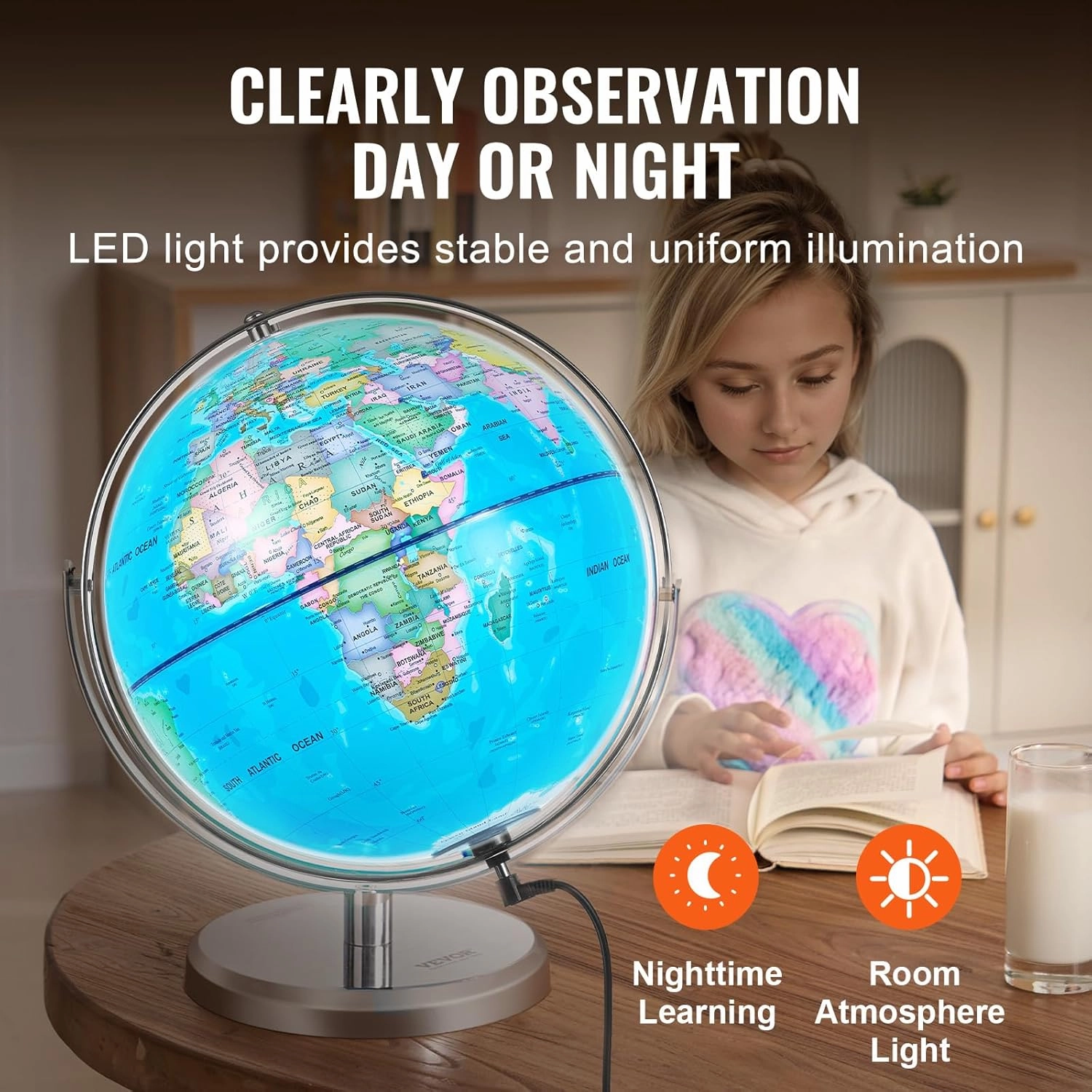 VEVOR Illuminated World with Stand, 13 in/330.2 mm, Educational Earth Globe with Stable Heavy Metal Base HD Printed Map and LED Night Lighting, 720° Spinning Globe for Kids Classroom Learning