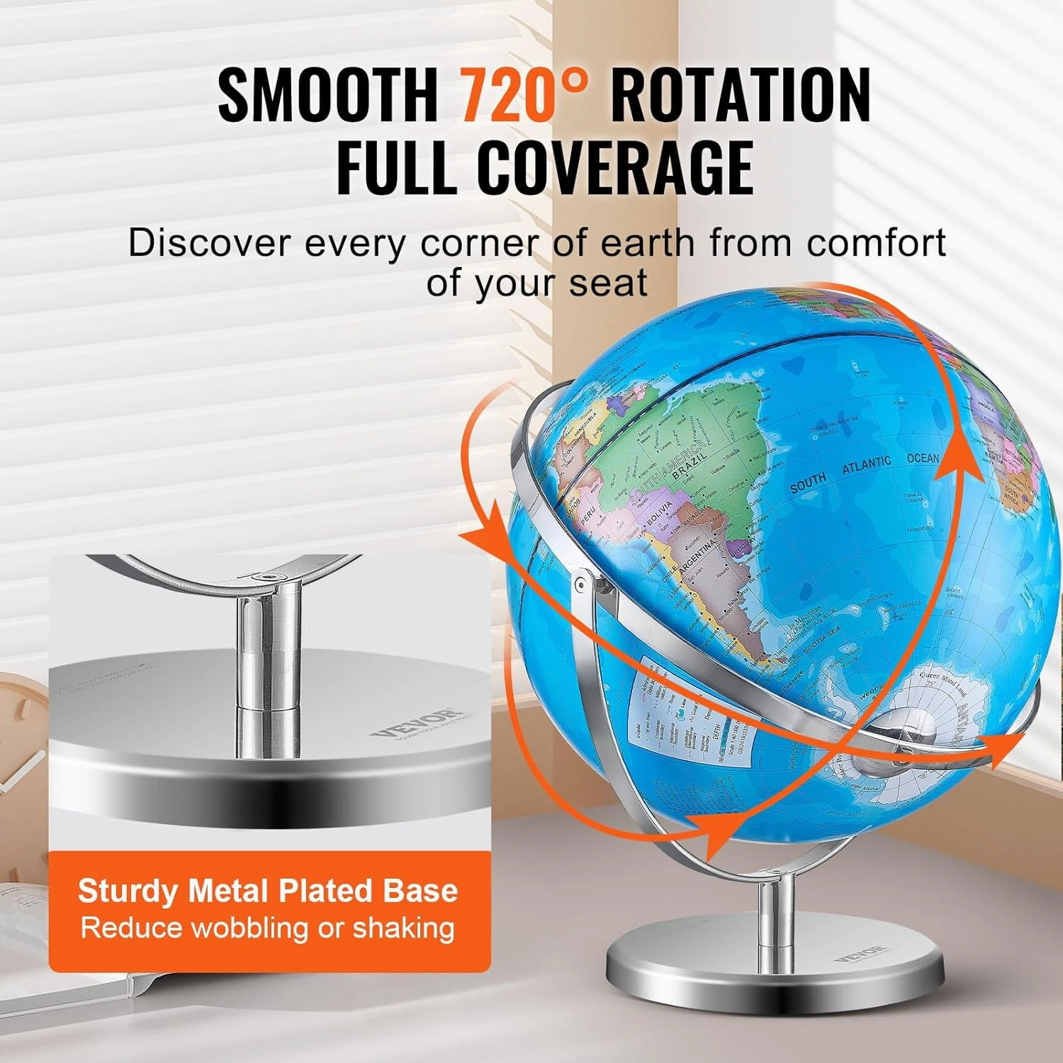 VEVOR Illuminated World with Stand, 13 in/330.2 mm, Educational Earth Globe with Stable Heavy Metal Base HD Printed Map and LED Night Lighting, 720° Spinning Globe for Kids Classroom Learning