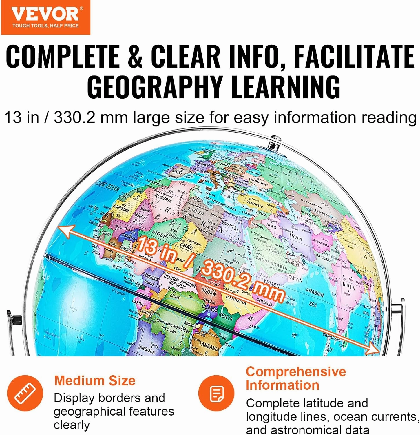 VEVOR Illuminated World with Stand, 13 in/330.2 mm, Educational Earth Globe with Stable Heavy Metal Base HD Printed Map and LED Night Lighting, 720° Spinning Globe for Kids Classroom Learning