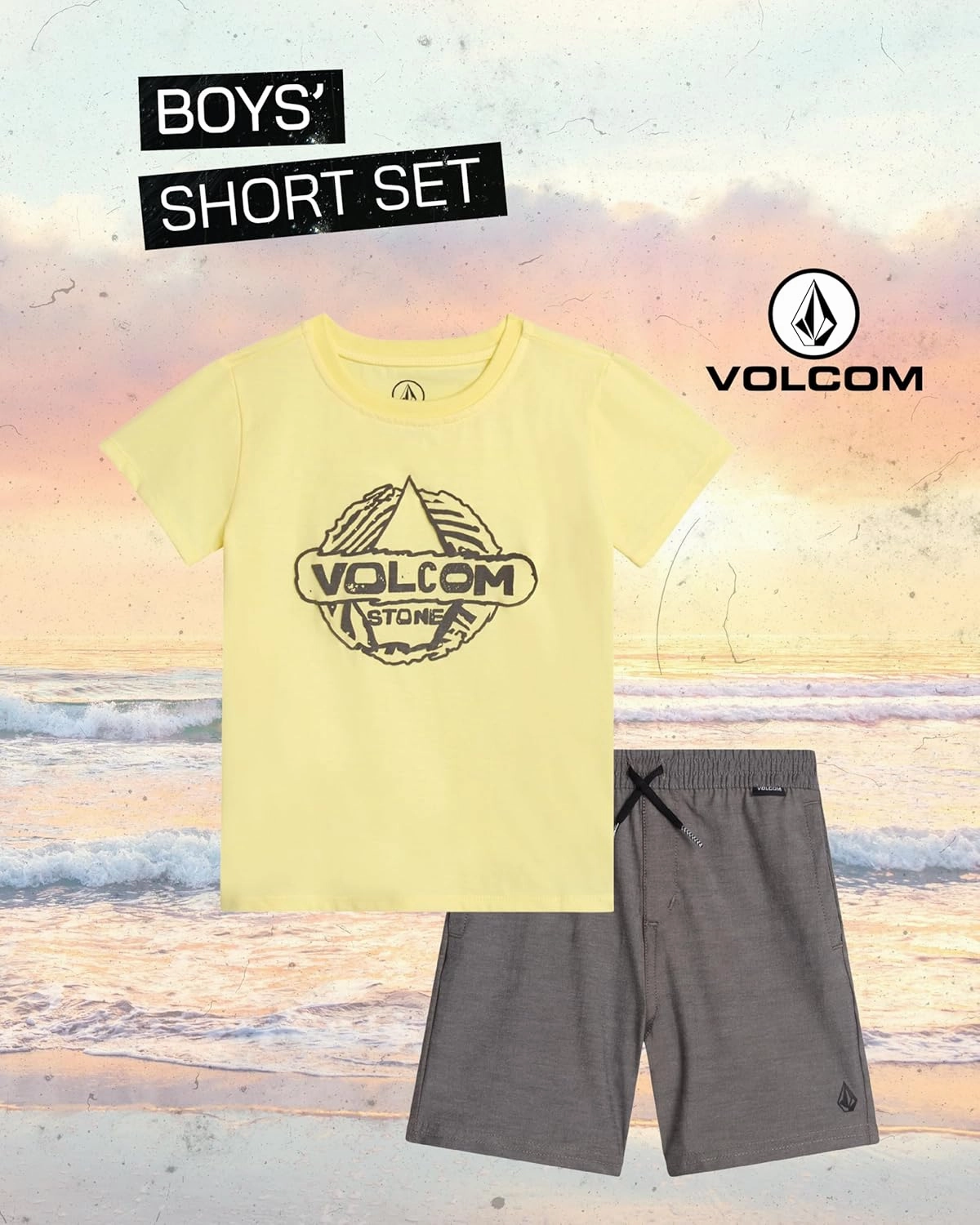 Volcom Toddler Boy Shorts Set - 2 Piece Short Sleeve Graphic Tees and Tech Stretch Shorts for Boys - Toddler Summer Clothes