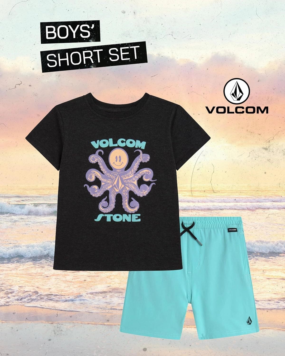 Volcom Toddler Boy Shorts Set - 2 Piece Short Sleeve Graphic Tees and Tech Stretch Shorts for Boys - Toddler Summer Clothes