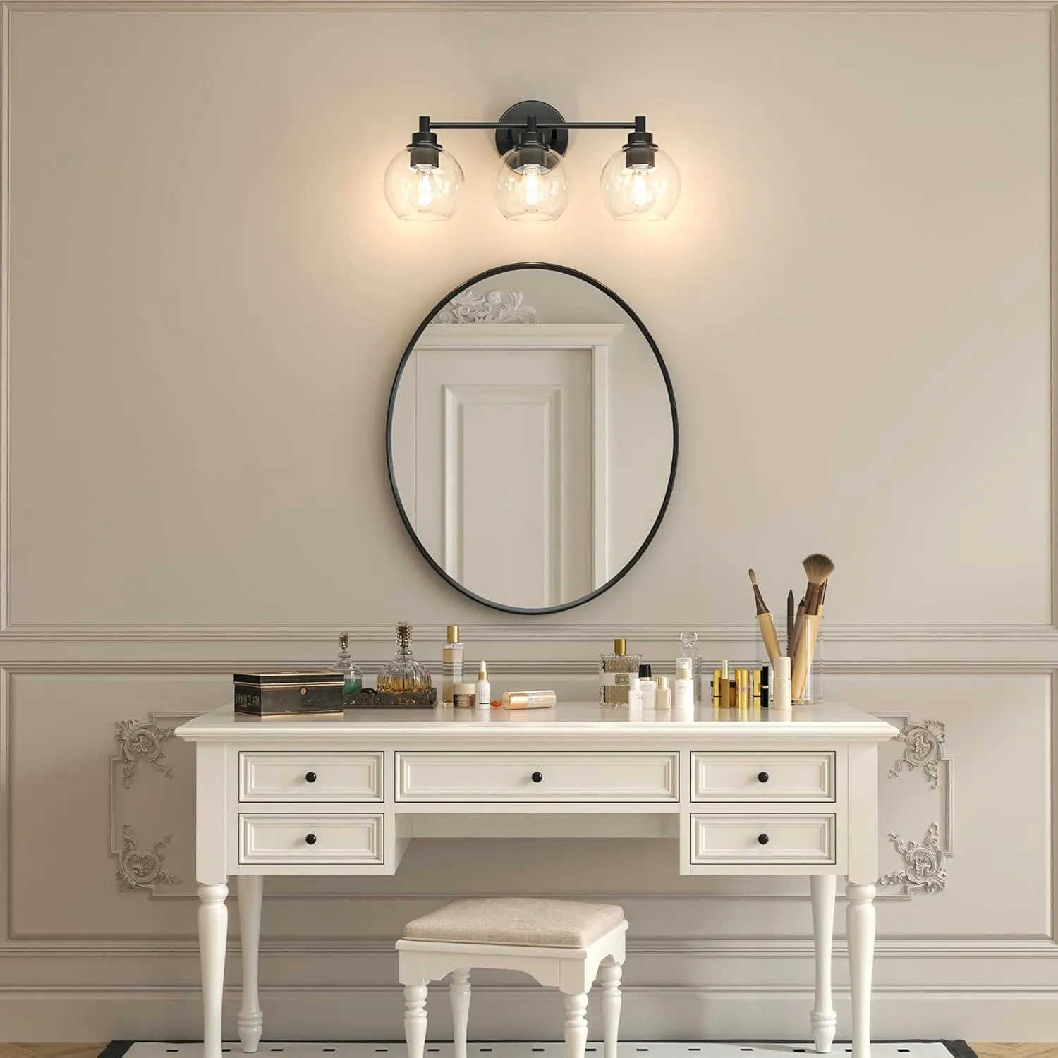 VONLUCE Bathroom Light Fixtures, 3-Light Vanity Light with Globe Glass Shades E26 Sockets, Bathroom Lights Over Mirror for Bedroom Hallway Living Room, Black Finish