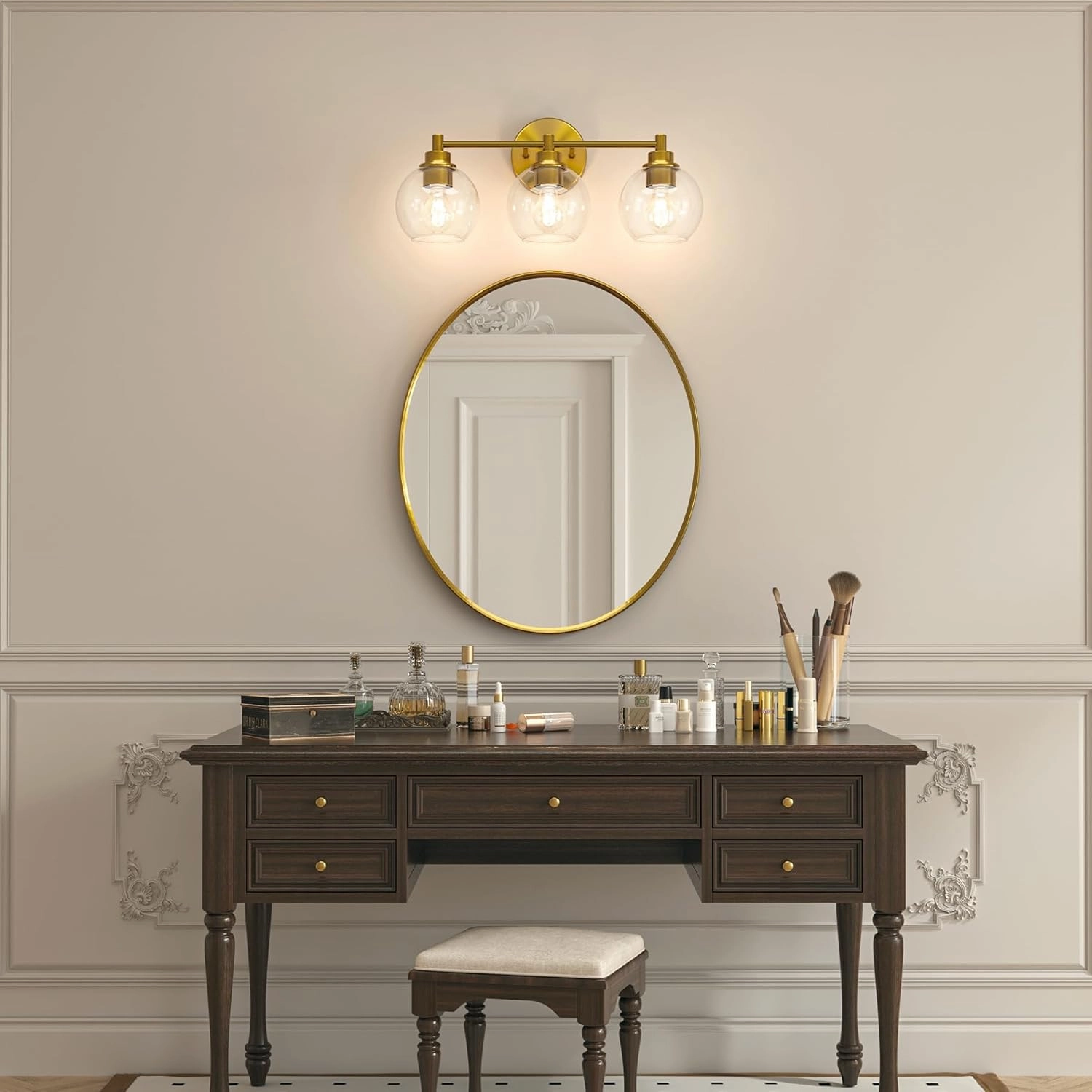 VONLUCE Bathroom Light Fixtures, 3-Light Bathroom Vanity Light with Globe Glass Shades E26 Sockets, Vanity Lights Over Mirror for Bedroom Hallway Living Room, Gold Finish