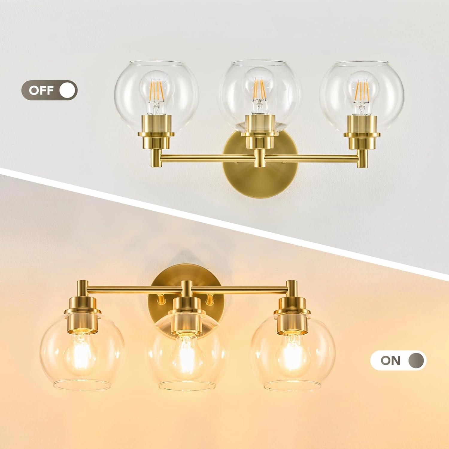 VONLUCE Bathroom Light Fixtures, 3-Light Bathroom Vanity Light with Globe Glass Shades E26 Sockets, Vanity Lights Over Mirror for Bedroom Hallway Living Room, Gold Finish