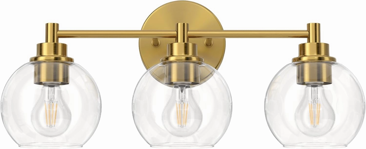 VONLUCE Bathroom Light Fixtures, 3-Light Bathroom Vanity Light with Globe Glass Shades E26 Sockets, Vanity Lights Over Mirror for Bedroom Hallway Living Room, Gold Finish
