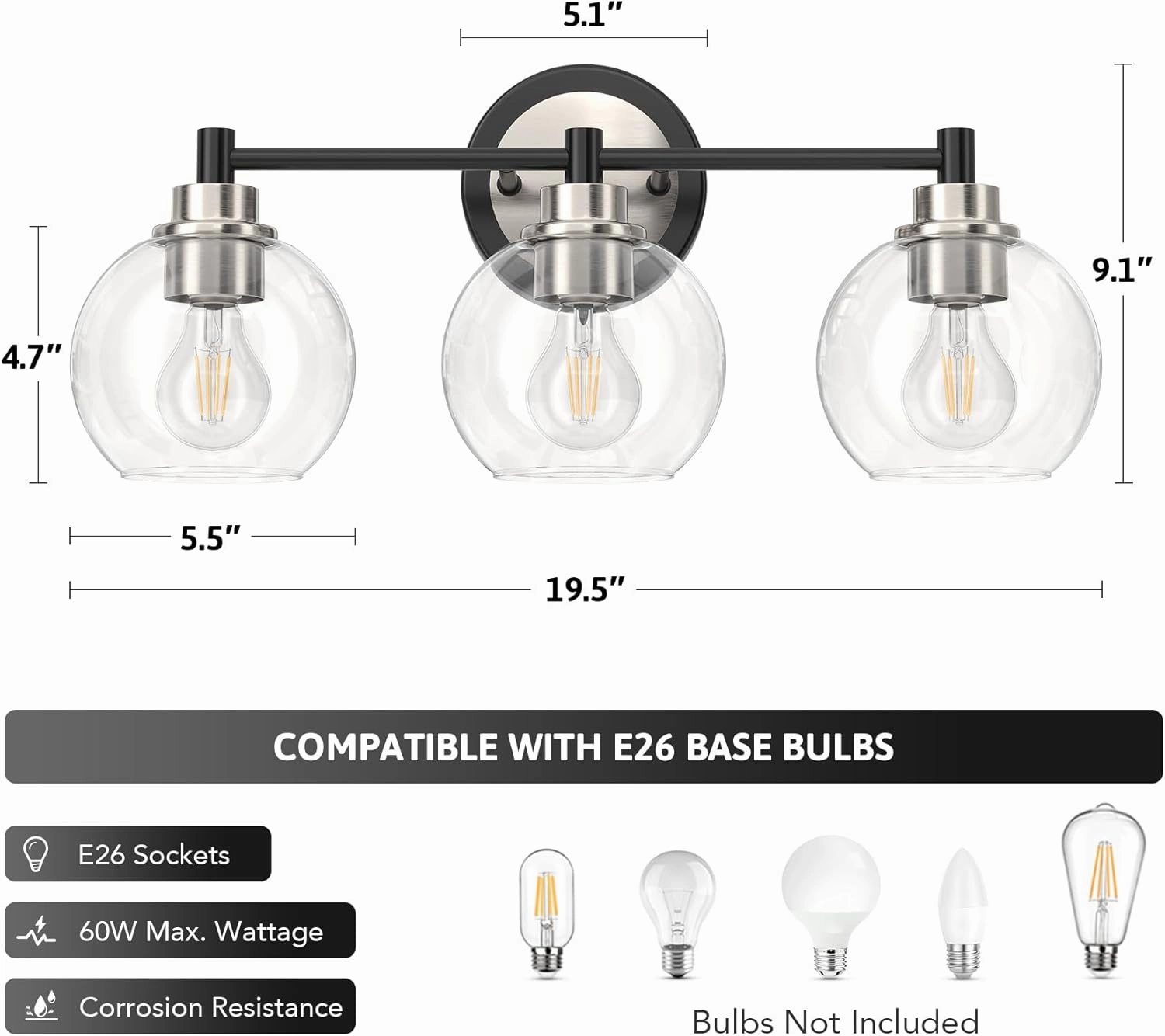 VONLUCE Bathroom Light Fixtures, 3-Light Vanity Light with Globe Glass Shades E26 Sockets, Bathroom Lights Over Mirror for Bedroom Hallway Living Room, Black & Nickel Finish