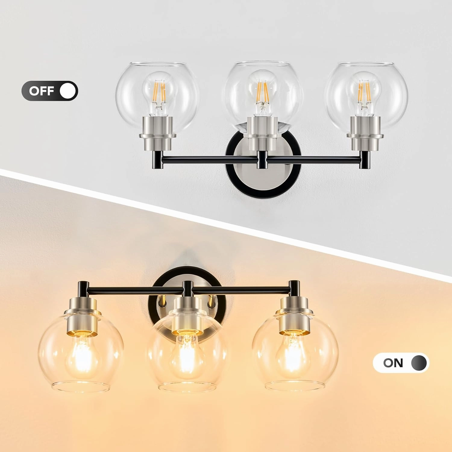 VONLUCE Bathroom Light Fixtures, 3-Light Vanity Light with Globe Glass Shades E26 Sockets, Bathroom Lights Over Mirror for Bedroom Hallway Living Room, Black & Nickel Finish